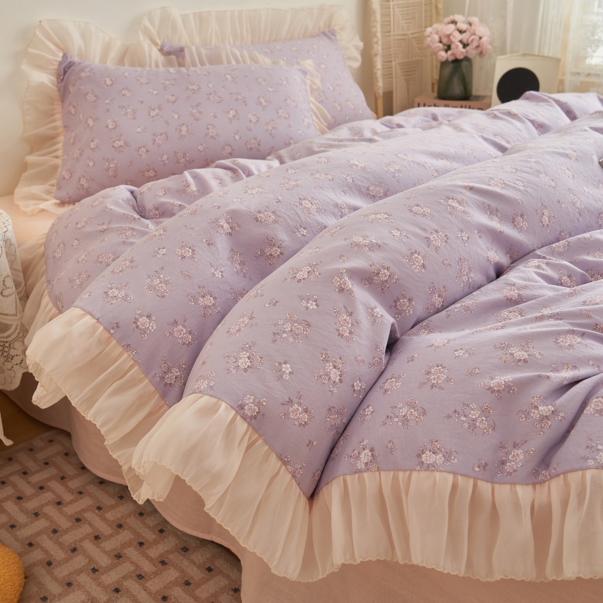 91家纺网 家纺一手货源 找家纺 晨曦家纺 2026春夏新款雪花皱纱花边小碎花小清新少女风四件套 紫韵甜心