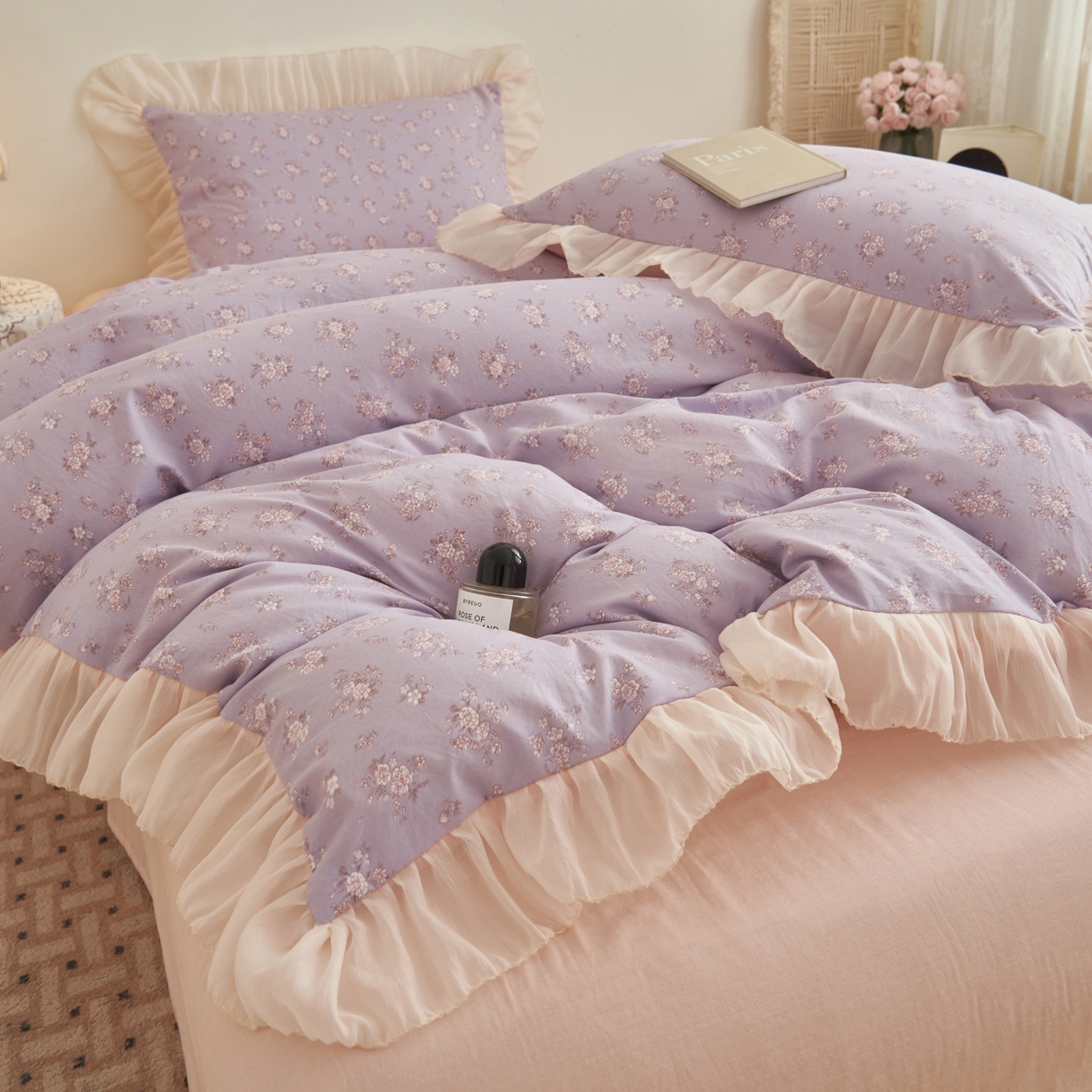 91家纺网 家纺一手货源 找家纺 晨曦家纺 2026春夏新款雪花皱纱花边小碎花小清新少女风四件套 紫韵甜心