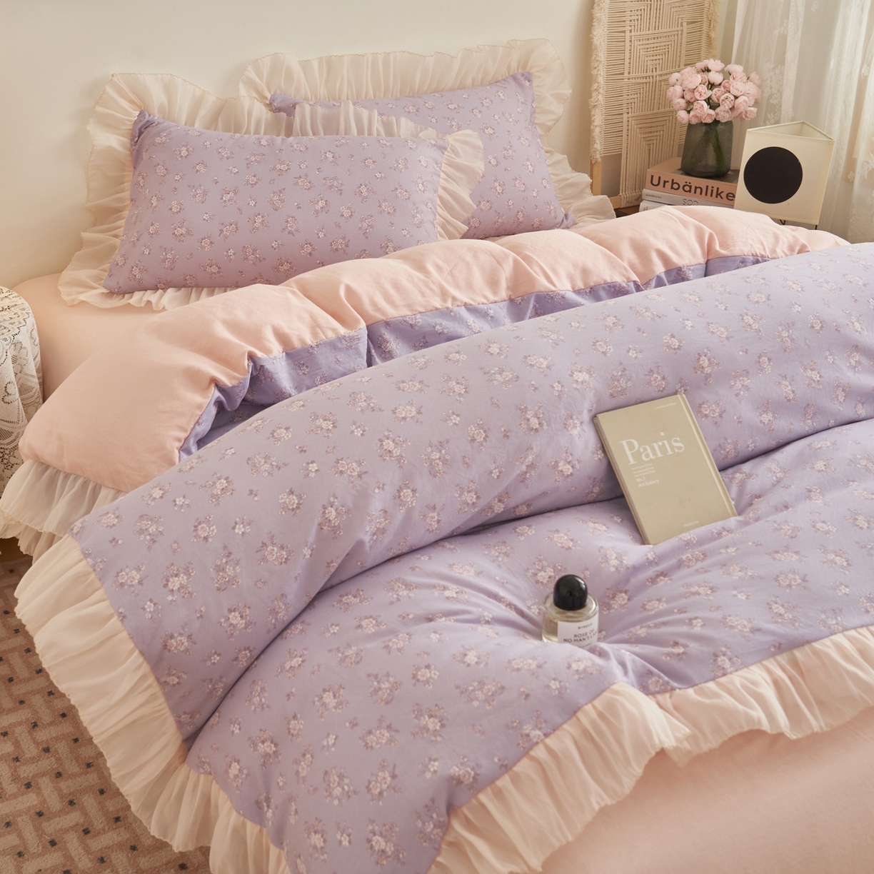 91家纺网 家纺一手货源 找家纺 晨曦家纺 2026春夏新款雪花皱纱花边小碎花小清新少女风四件套 紫韵甜心