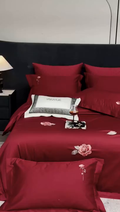 91家纺网 家纺一手货源 找家纺 （总）优悦生活馆 2026新款全棉绣花大红四件套