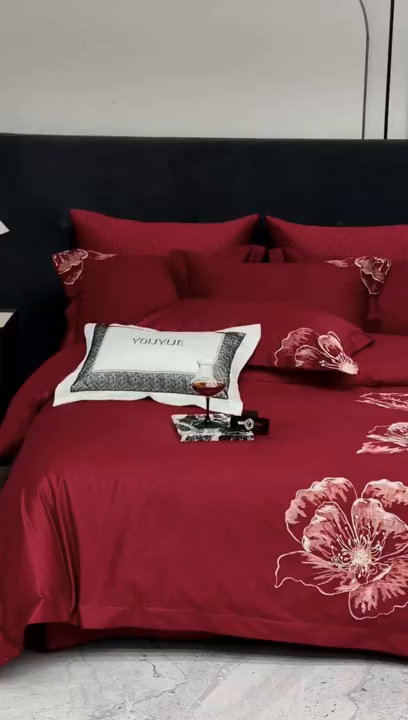 91家纺网 家纺一手货源 找家纺 优悦生活馆 2026新款全棉绣花大红四件套 朝露晨风-大红