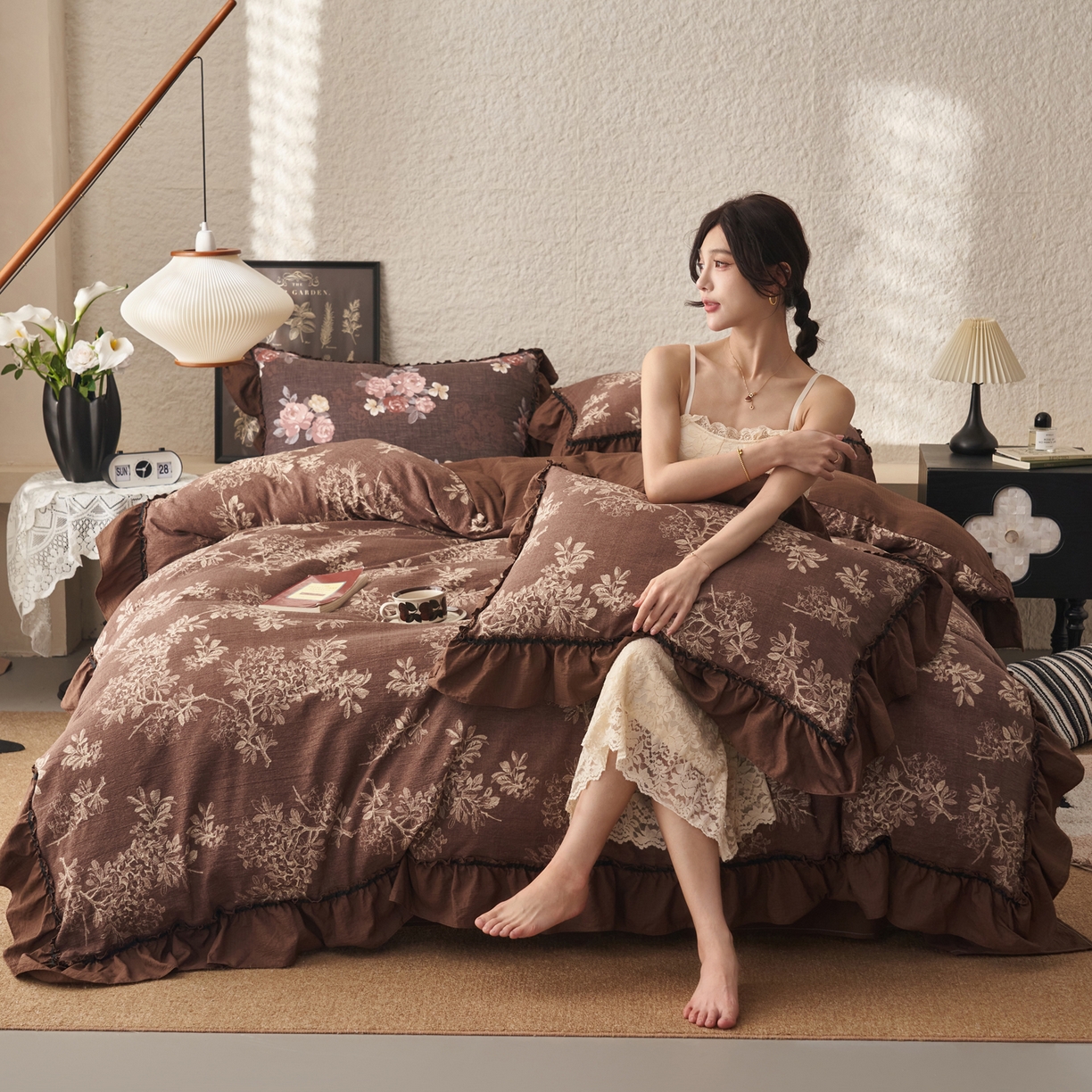 91家纺网 家纺一手货源 找家纺 （总）晨曦家纺 2026春夏新款复古博主风A类亚麻皱皱纱花边四件套