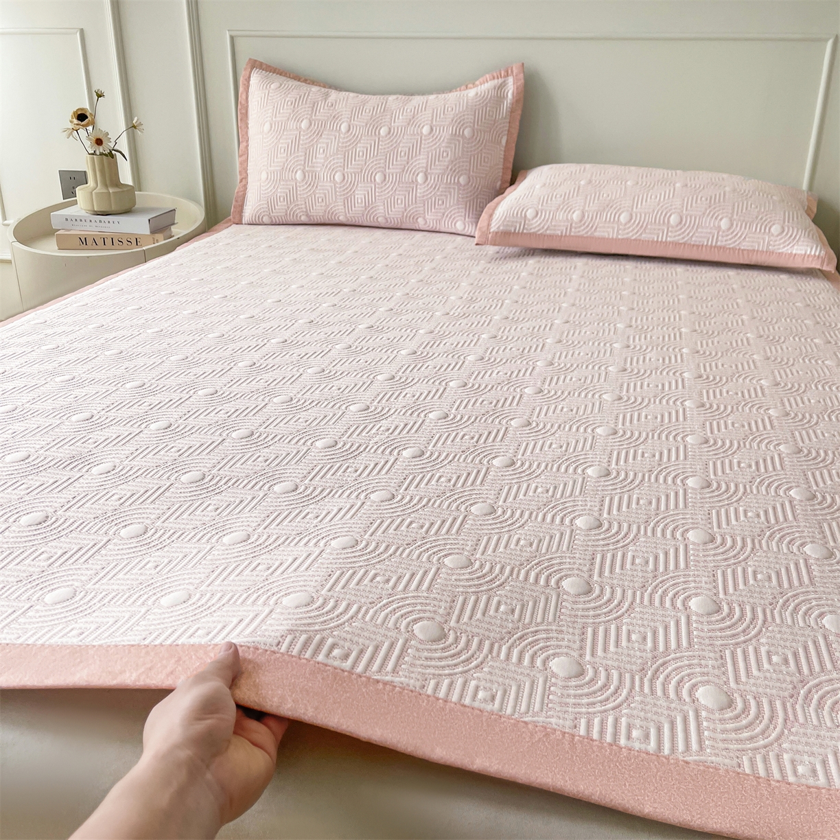 91家纺网 家纺一手货源 找家纺 （总）慕木家纺 2026新款高端三明治硅胶复合PE100%乙纶提花冰豆豆凉席空调席韩版INS系列（提供买家秀）