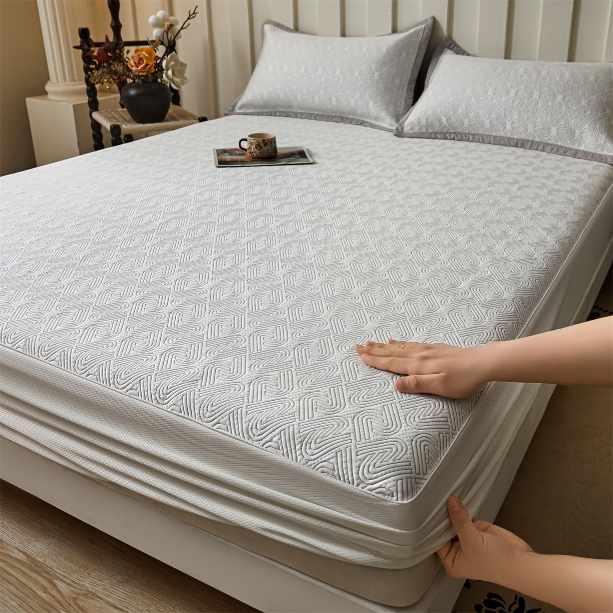 慕木家纺 2026新款高端三明治硅胶复合PE100%乙纶提花冰豆豆凉席空调席韩版INS系列（提供买家秀） 韩INS-峰回灰床笠款