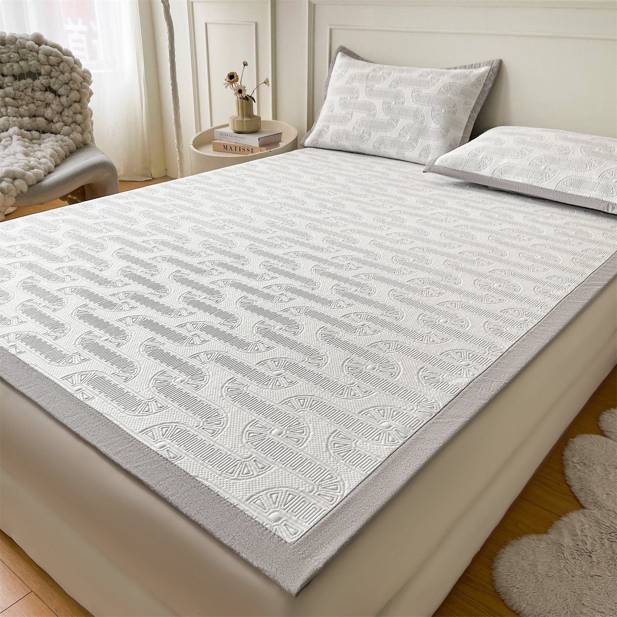 91家纺网 家纺一手货源 找家纺 慕木家纺 2026新款高端三明治硅胶复合PE100%乙纶提花冰豆豆凉席空调席韩版INS系列（提供买家秀） 韩INS-云间环床席款