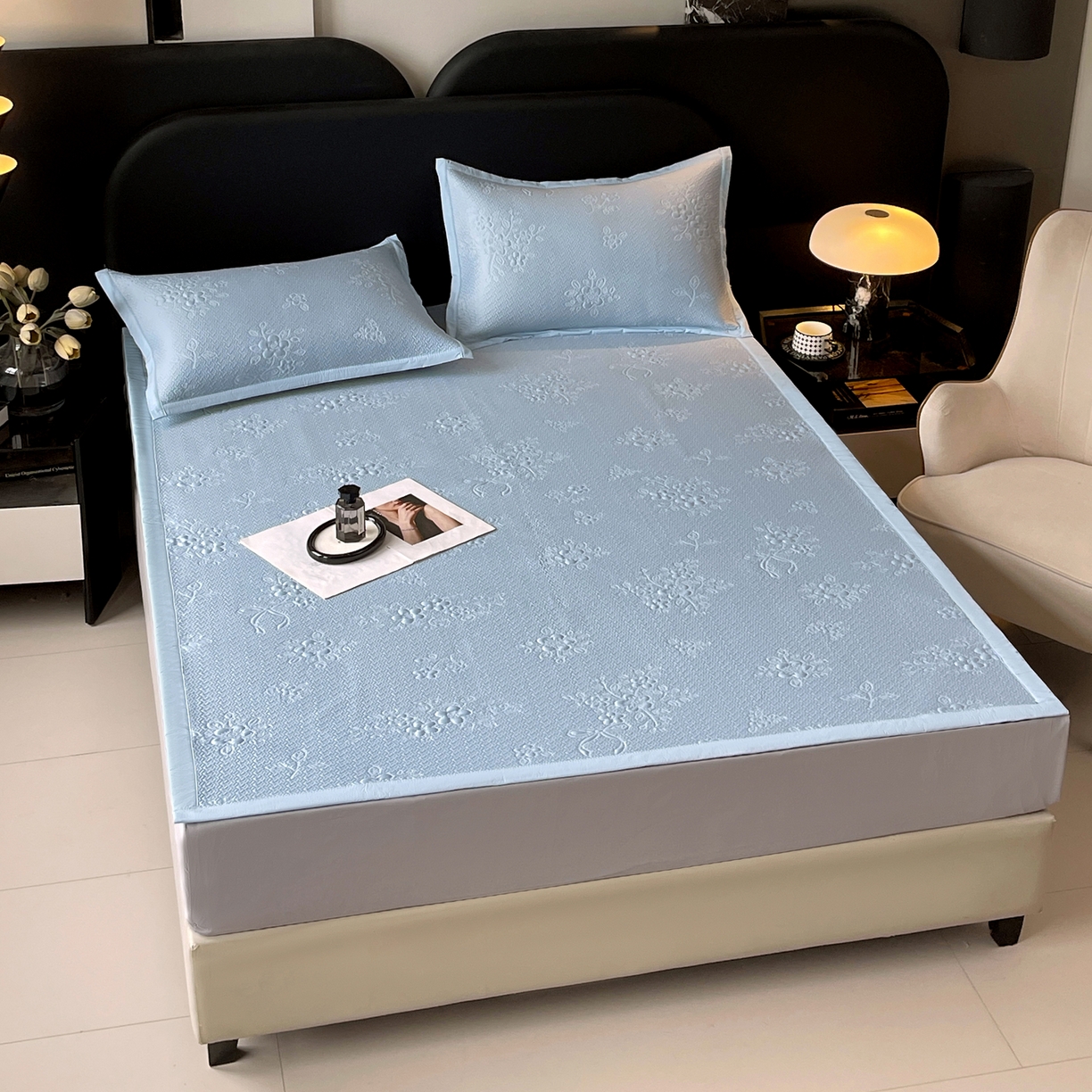 91家纺网 家纺一手货源 找家纺 春皖家纺 2026新款提花浮雕冰豆豆凉感席三件套-浅夏花结 浅夏花结-蓝