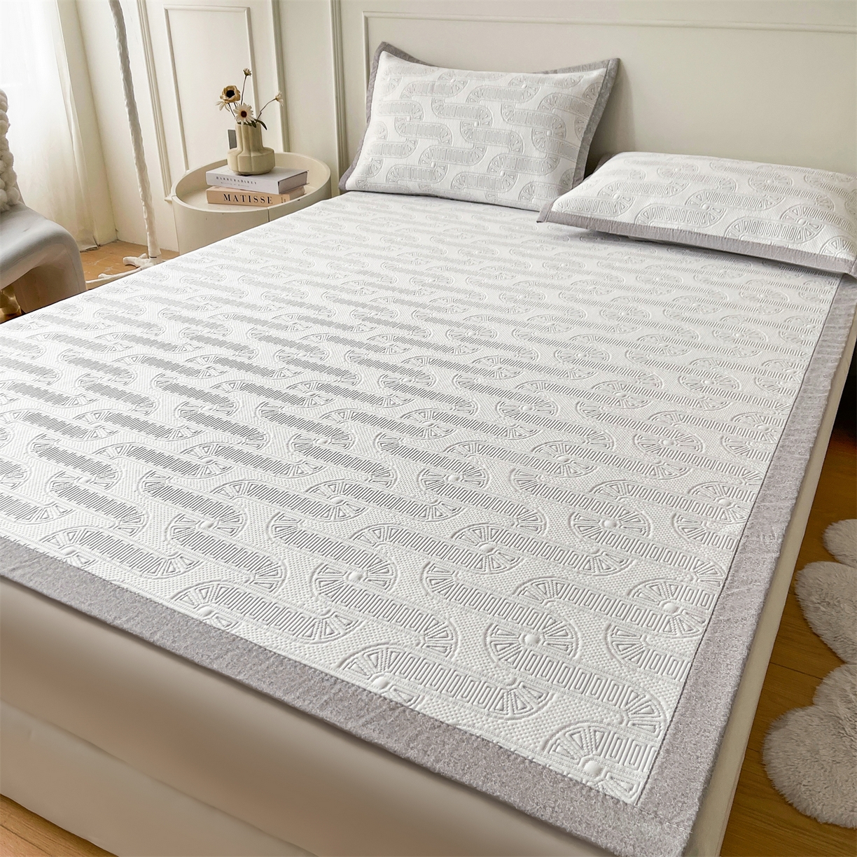 91家纺网 家纺一手货源 找家纺 慕木家纺 2026新款高端三明治硅胶复合PE100%乙纶提花冰豆豆凉席空调席韩版INS系列（提供买家秀） 韩INS-云间环床席款