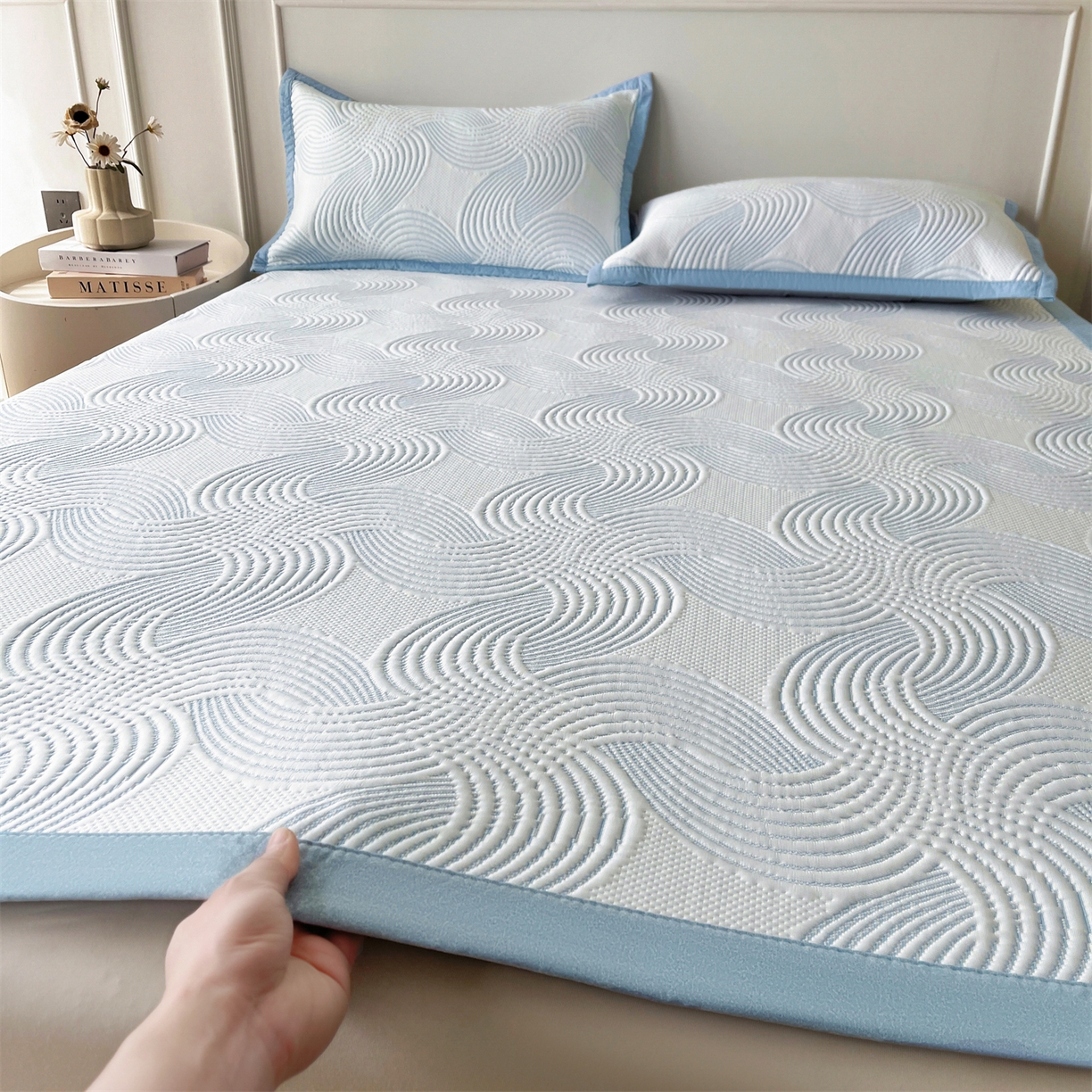 91家纺网 家纺一手货源 找家纺 （总）慕木家纺 2026新款高端三明治硅胶复合PE100%乙纶提花冰豆豆凉席空调席韩版INS系列（提供买家秀）