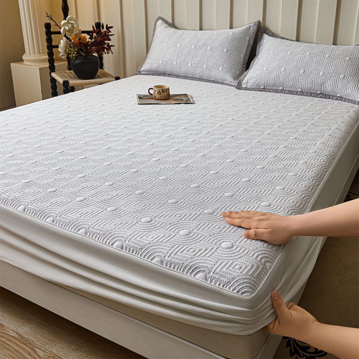 慕木家纺 2026新款高端三明治硅胶复合PE100%乙纶提花冰豆豆凉席空调席韩版INS系列（提供买家秀） 韩INS-方圆灰床笠款