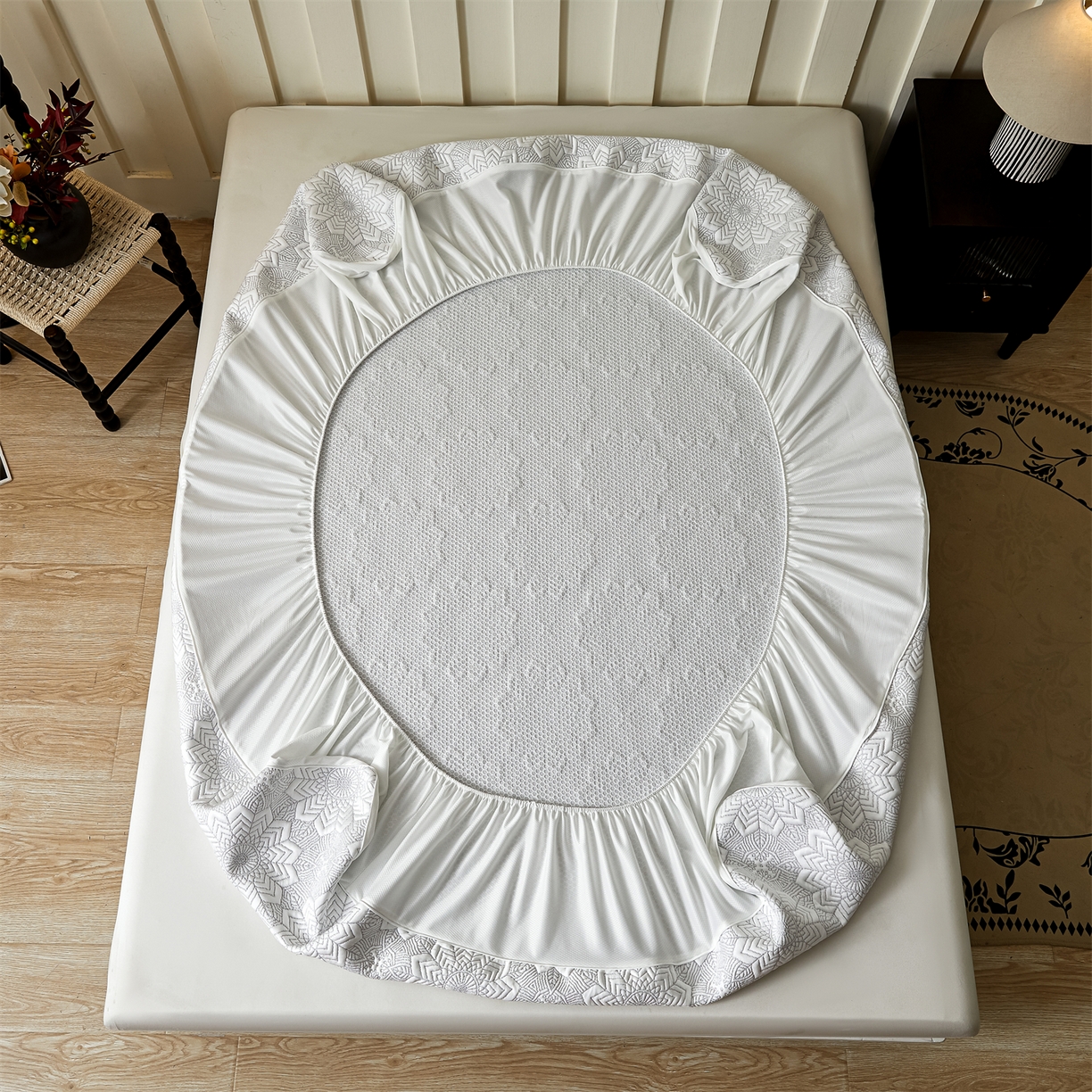 91家纺网 家纺一手货源 找家纺 慕木家纺 2026新款高端三明治硅胶复合PE100%乙纶提花冰豆豆凉席空调席韩版INS系列（提供买家秀） 韩INS-齐雪灰床笠款