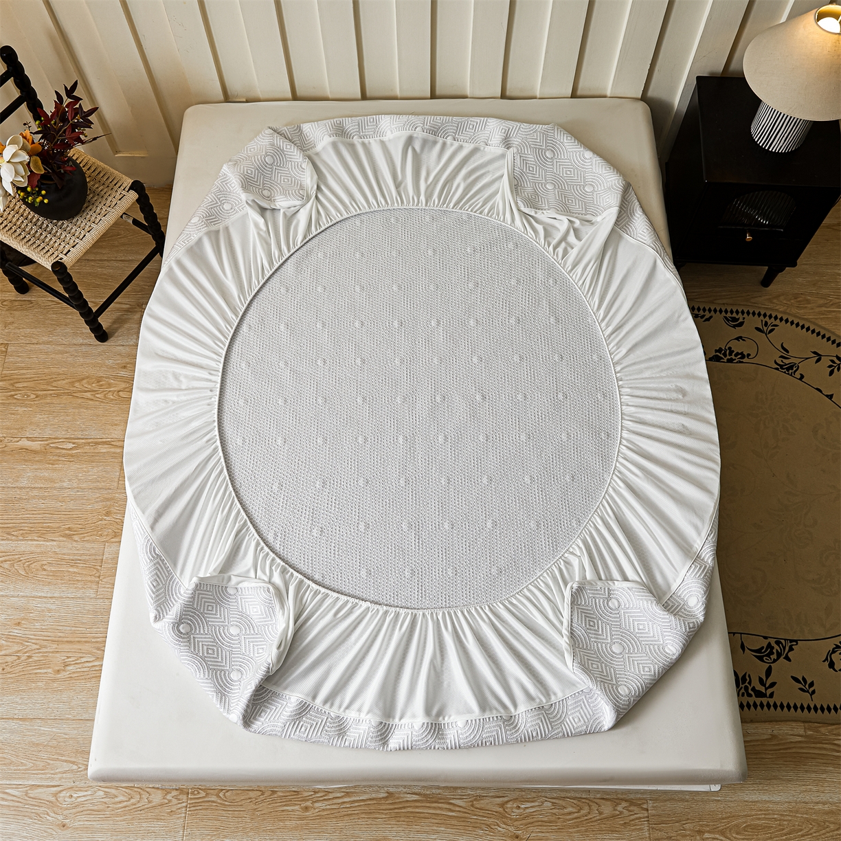 91家纺网 家纺一手货源 找家纺 慕木家纺 2026新款高端三明治硅胶复合PE100%乙纶提花冰豆豆凉席空调席韩版INS系列（提供买家秀） 韩INS-方圆灰床笠款