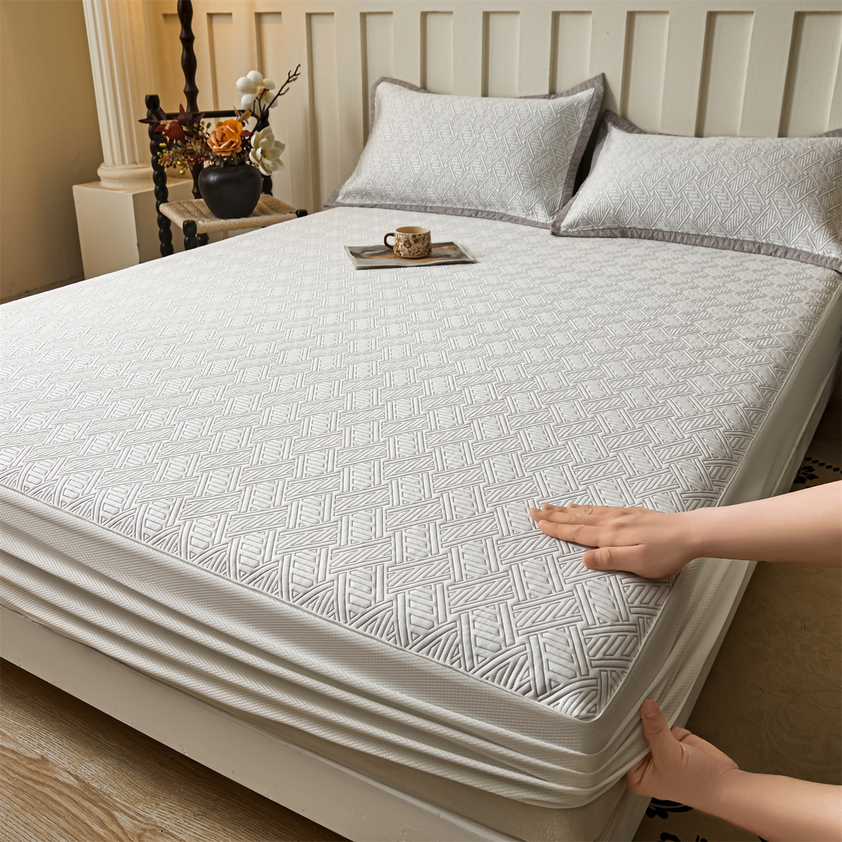 慕木家纺 2026新款高端三明治硅胶复合PE100%乙纶提花冰豆豆凉席空调席韩版INS系列（提供买家秀） 韩INS-纵横灰床笠款