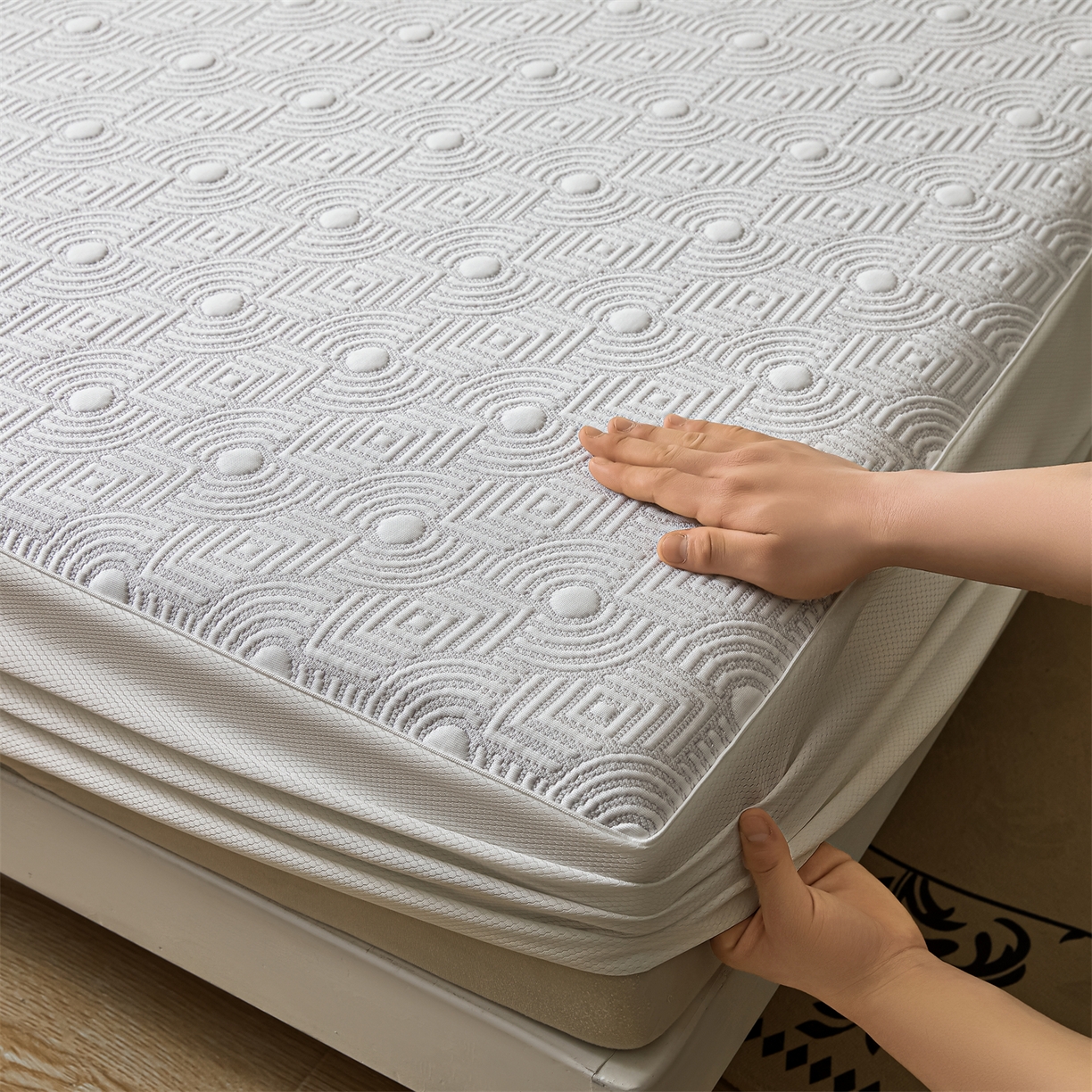 91家纺网 家纺一手货源 找家纺 慕木家纺 2026新款高端三明治硅胶复合PE100%乙纶提花冰豆豆凉席空调席韩版INS系列（提供买家秀） 韩INS-方圆灰床笠款