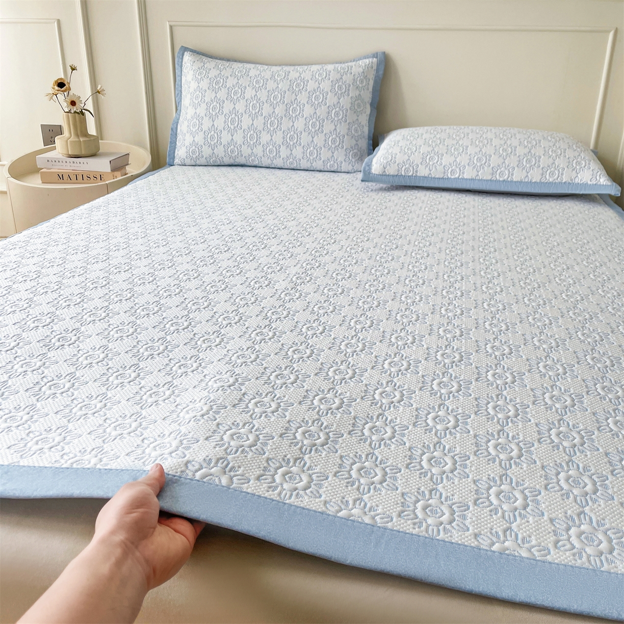 91家纺网 家纺一手货源 找家纺 （总）慕木家纺 2026新款高端三明治硅胶复合PE100%乙纶提花冰豆豆凉席空调席韩版INS系列（提供买家秀）