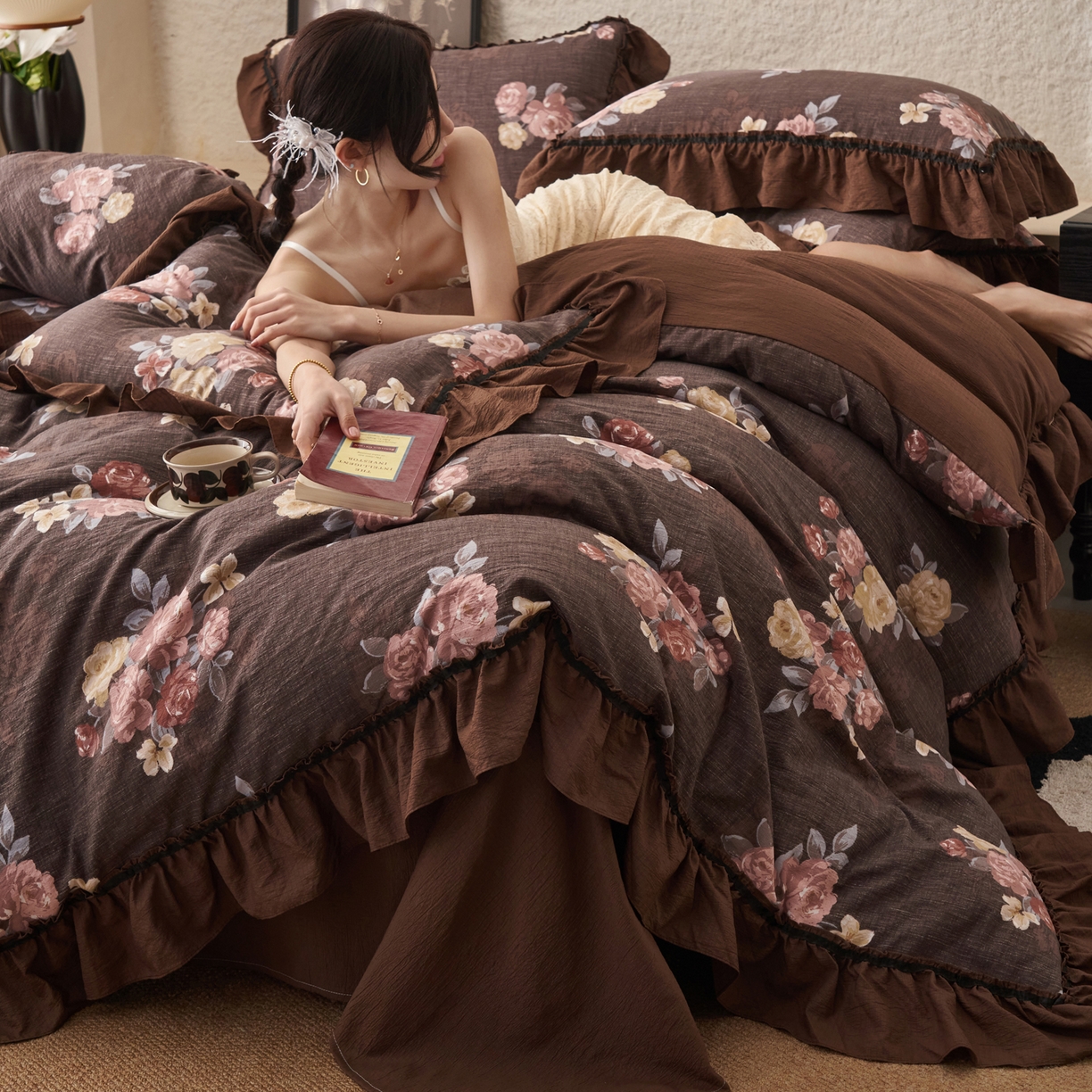 91家纺网 家纺一手货源 找家纺 （总）晨曦家纺 2026春夏新款复古博主风A类亚麻皱皱纱花边四件套