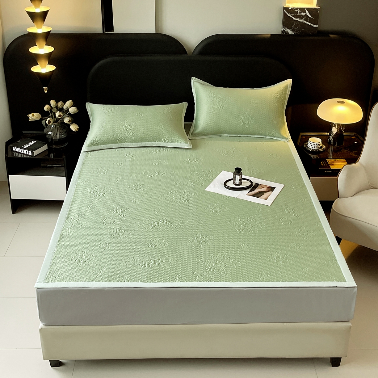 91家纺网 家纺一手货源 找家纺 春皖家纺 2026新款提花浮雕冰豆豆凉感席三件套-浅夏花结 浅夏花结-绿