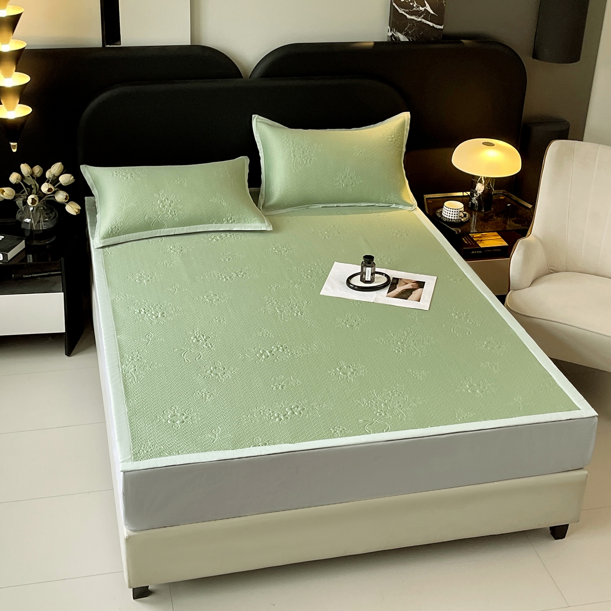 91家纺网 家纺一手货源 找家纺 春皖家纺 2026新款提花浮雕冰豆豆凉感席三件套-浅夏花结 浅夏花结-绿