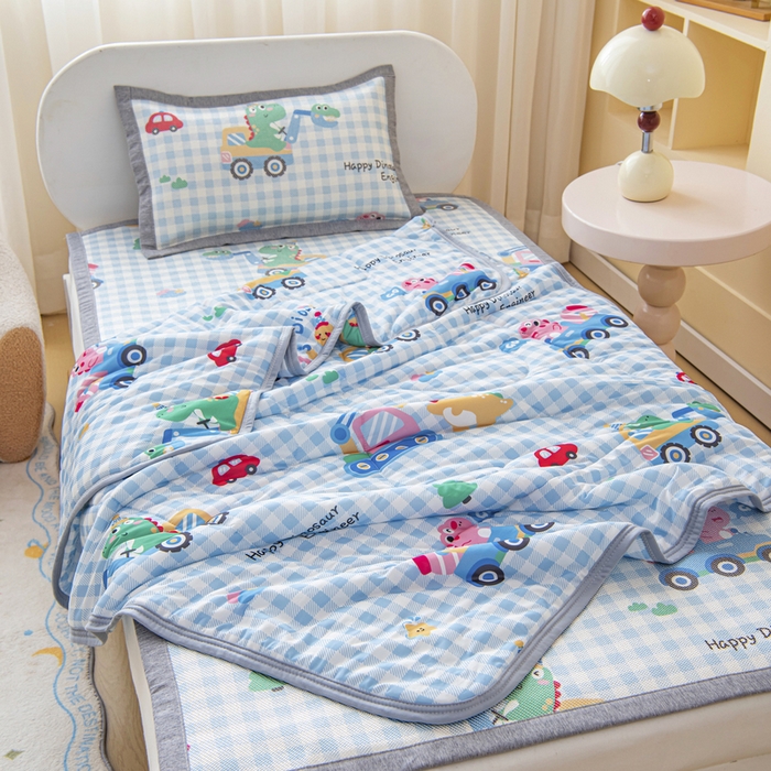 鱼宝 2026新款儿童夏被凉席三件套 恐龙车队