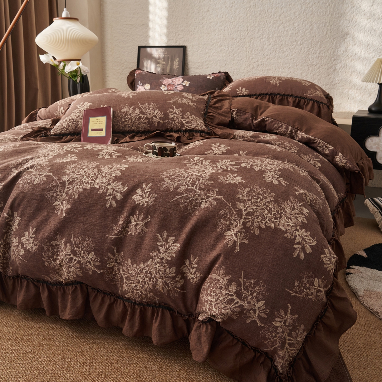 91家纺网 家纺一手货源 找家纺 晨曦家纺 2026春夏新款复古博主风A类亚麻皱皱纱花边四件套 秋野树影