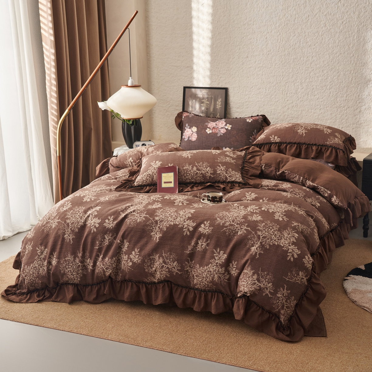 91家纺网 家纺一手货源 找家纺 晨曦家纺 2026春夏新款复古博主风A类亚麻皱皱纱花边四件套 秋野树影