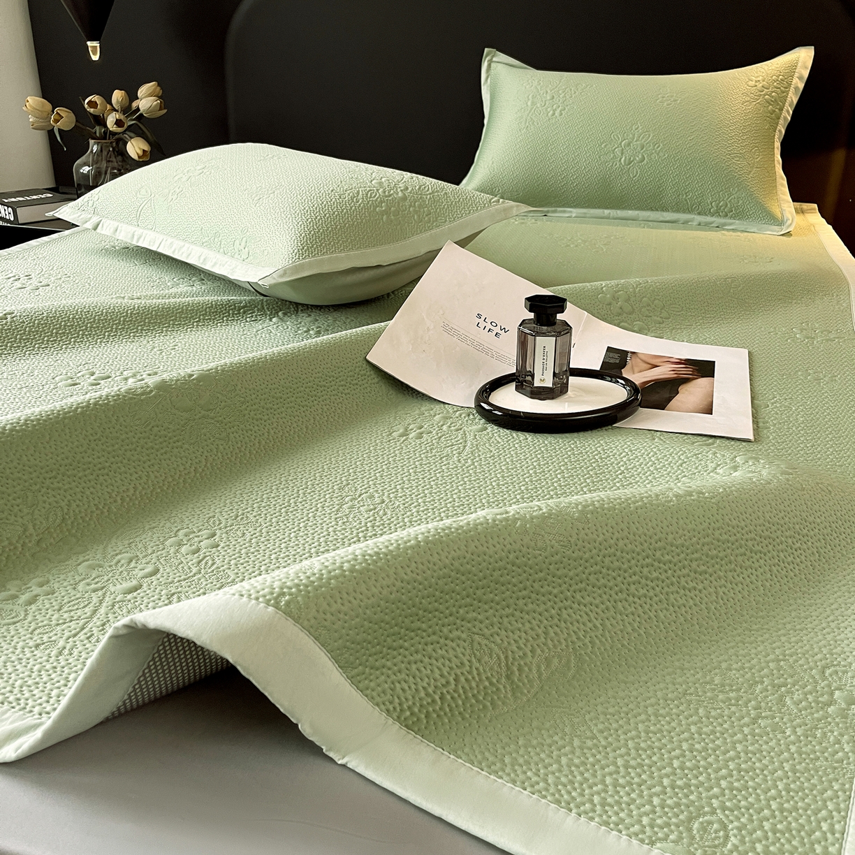 91家纺网 家纺一手货源 找家纺 春皖家纺 2026新款提花浮雕冰豆豆凉感席三件套-浅夏花结 浅夏花结-绿