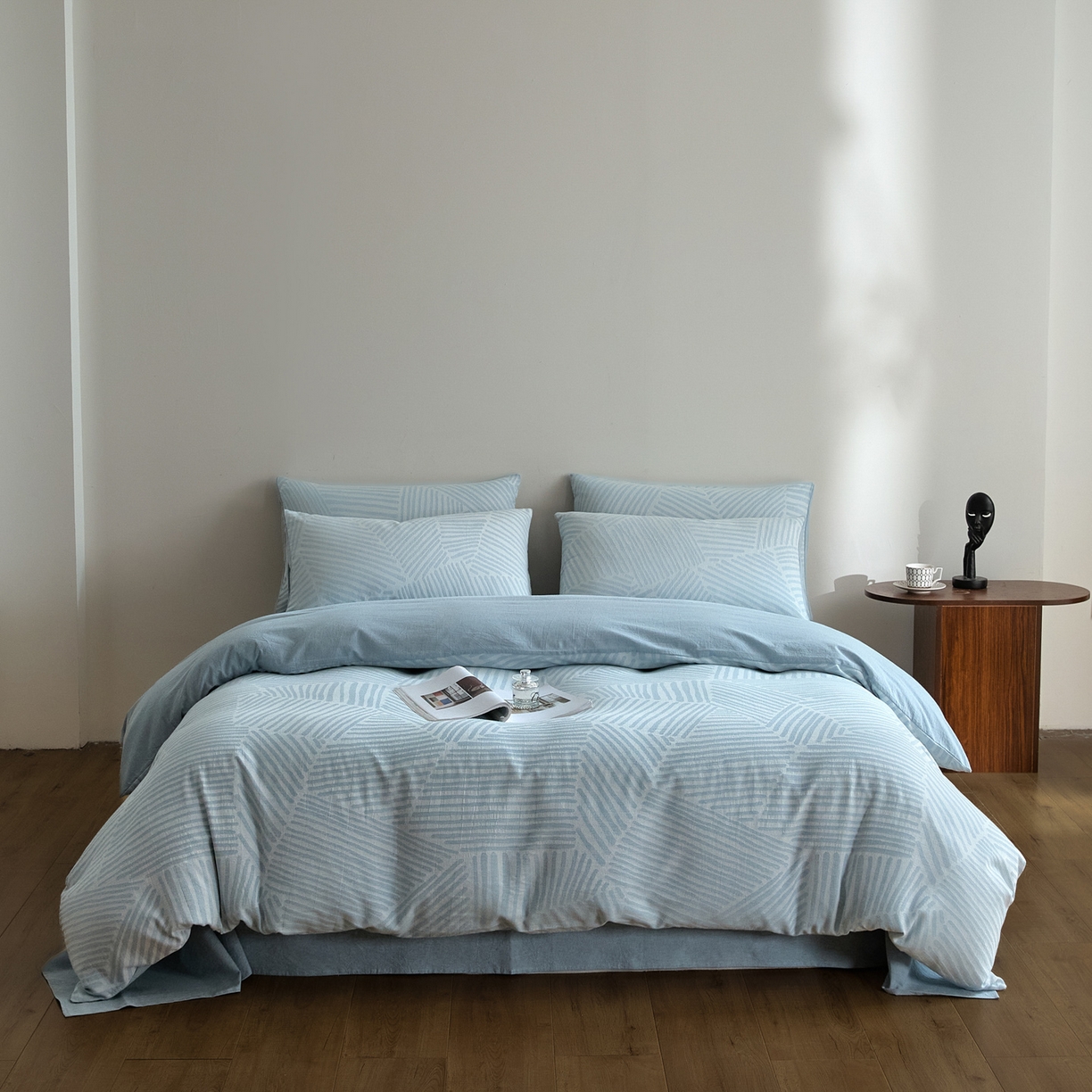 91家纺网 家纺一手货源 找家纺 如一 2026新款A类色织提花全棉双层纱水洗棉四件套 序章蓝