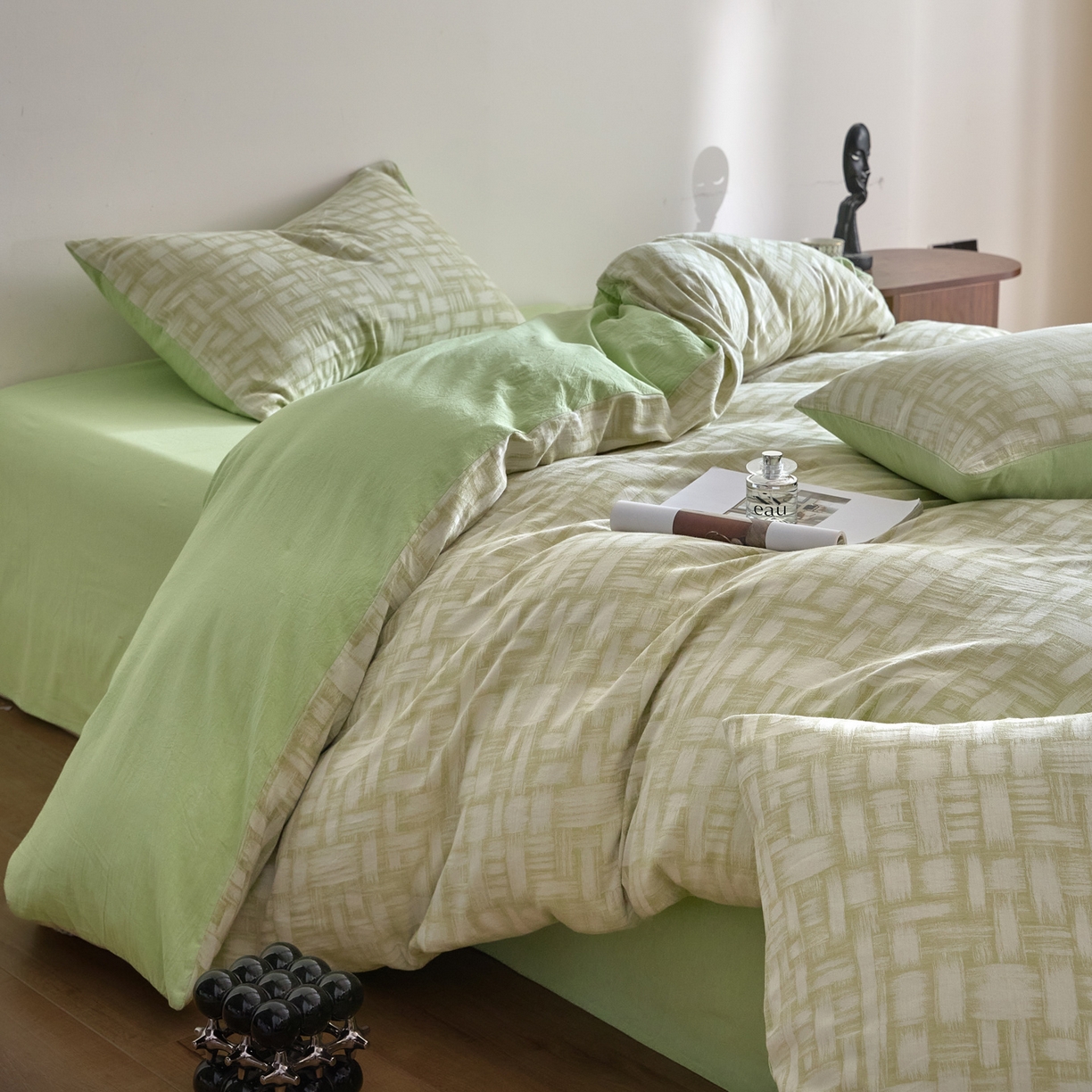 91家纺网 家纺一手货源 找家纺 如一 2026新款A类色织提花全棉双层纱水洗棉四件套 浮光绿