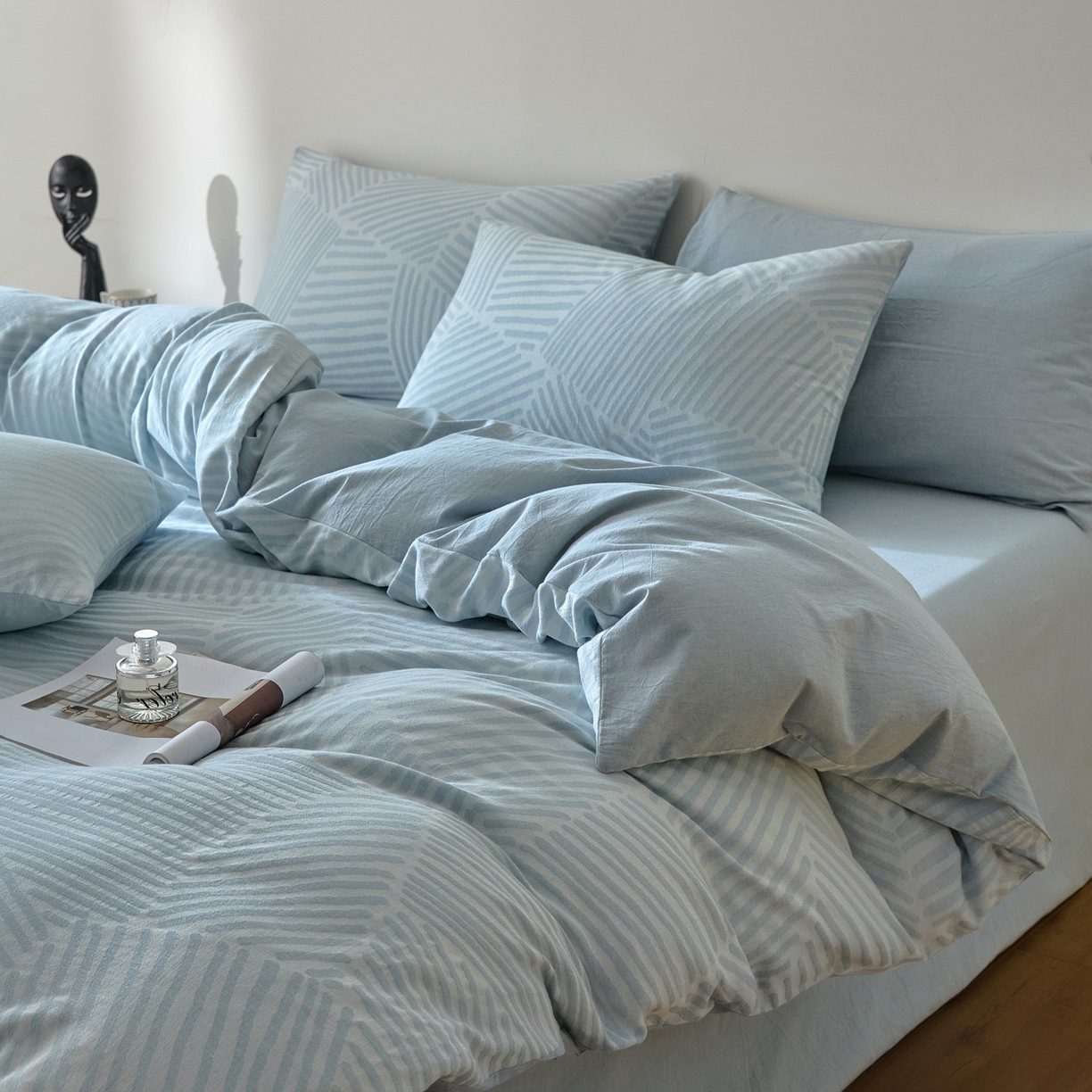 91家纺网 家纺一手货源 找家纺 如一 2026新款A类色织提花全棉双层纱水洗棉四件套 序章蓝