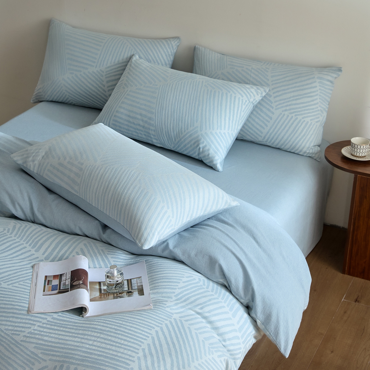 91家纺网 家纺一手货源 找家纺 如一 2026新款A类色织提花全棉双层纱水洗棉四件套 序章蓝