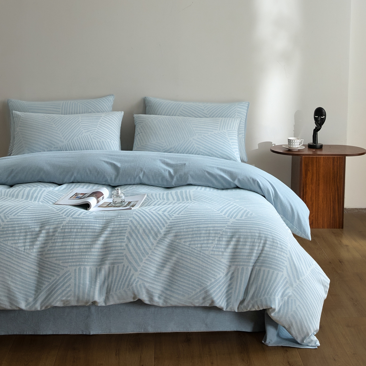 91家纺网 家纺一手货源 找家纺 如一 2026新款A类色织提花全棉双层纱水洗棉四件套 序章蓝