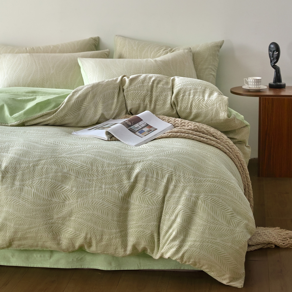 91家纺网 家纺一手货源 找家纺 如一 2026新款A类色织提花全棉双层纱水洗棉四件套 叶笙绿