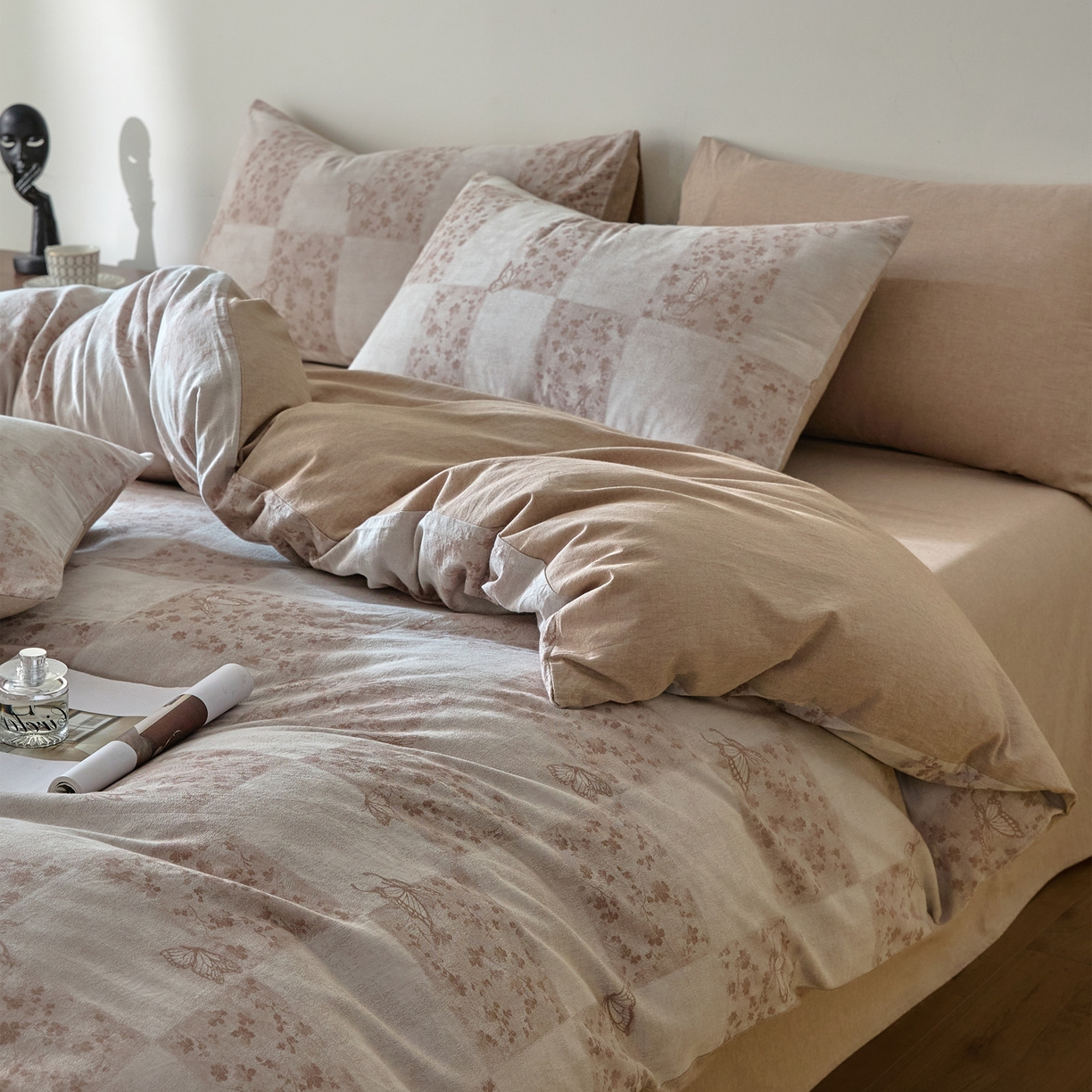 如一 2026新款A类色织提花全棉双层纱水洗棉四件套 蝶漫咖