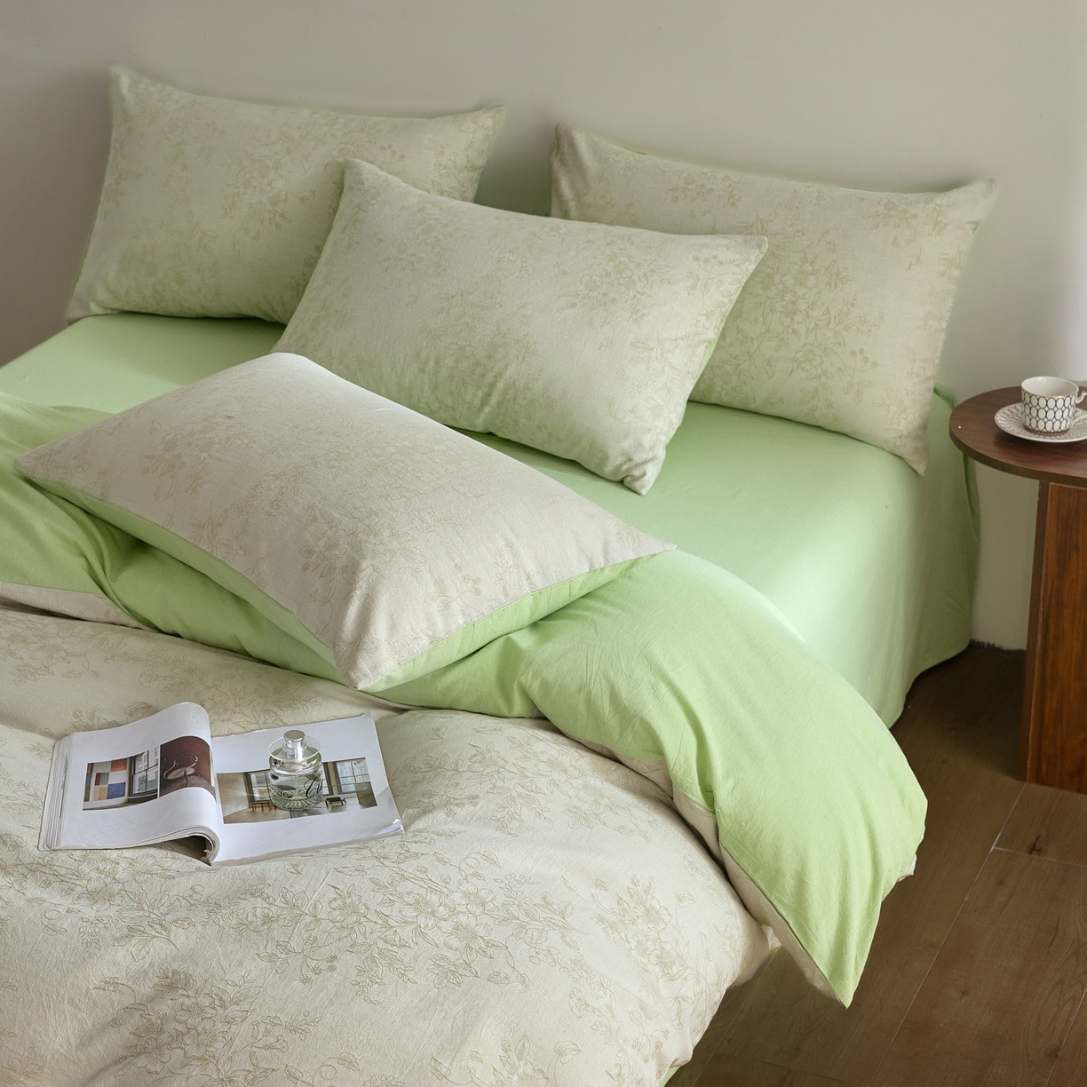 91家纺网 家纺一手货源 找家纺 如一 2026新款A类色织提花全棉双层纱水洗棉四件套 花忆绿