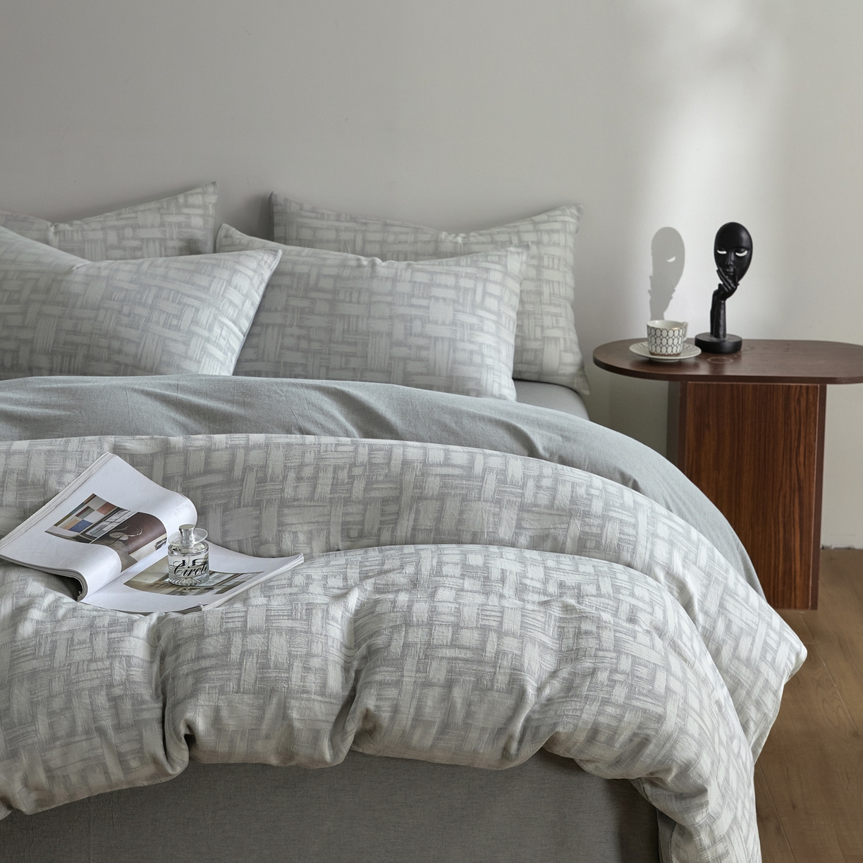 91家纺网 家纺一手货源 找家纺 如一 2026新款A类色织提花全棉双层纱水洗棉四件套 浮光灰