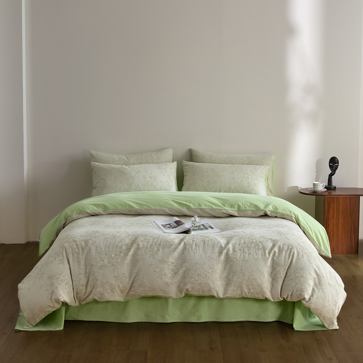 91家纺网 家纺一手货源 找家纺 如一 2026新款A类色织提花全棉双层纱水洗棉四件套 花忆绿