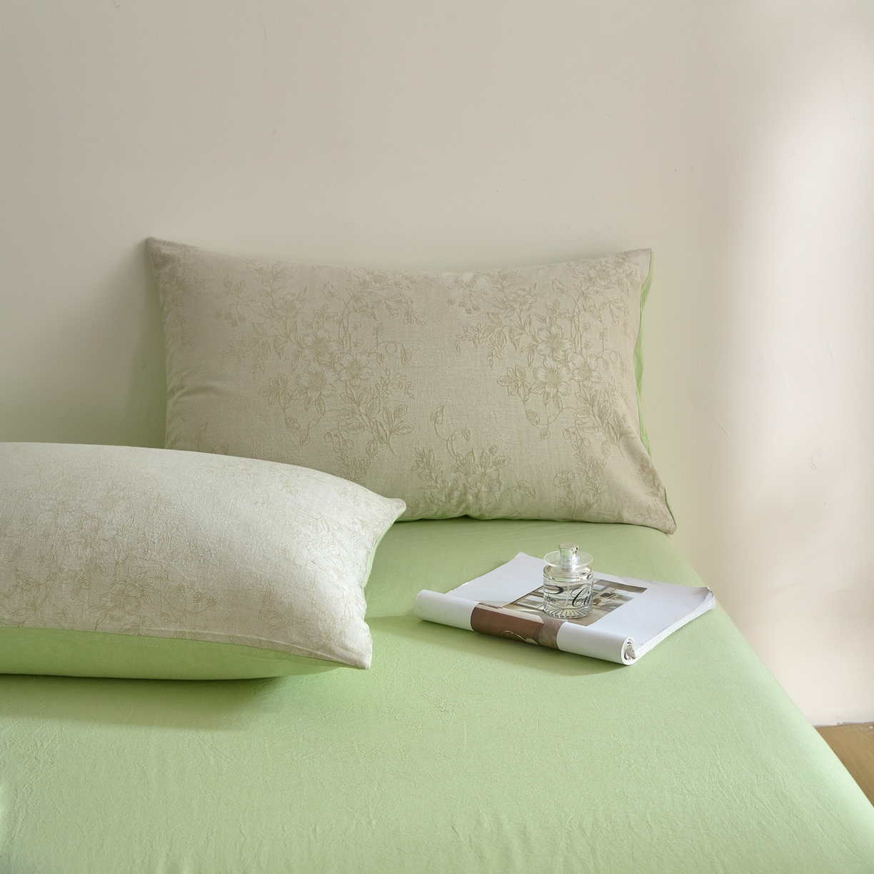 91家纺网 家纺一手货源 找家纺 如一 2026新款A类色织提花全棉双层纱水洗棉四件套 花忆绿