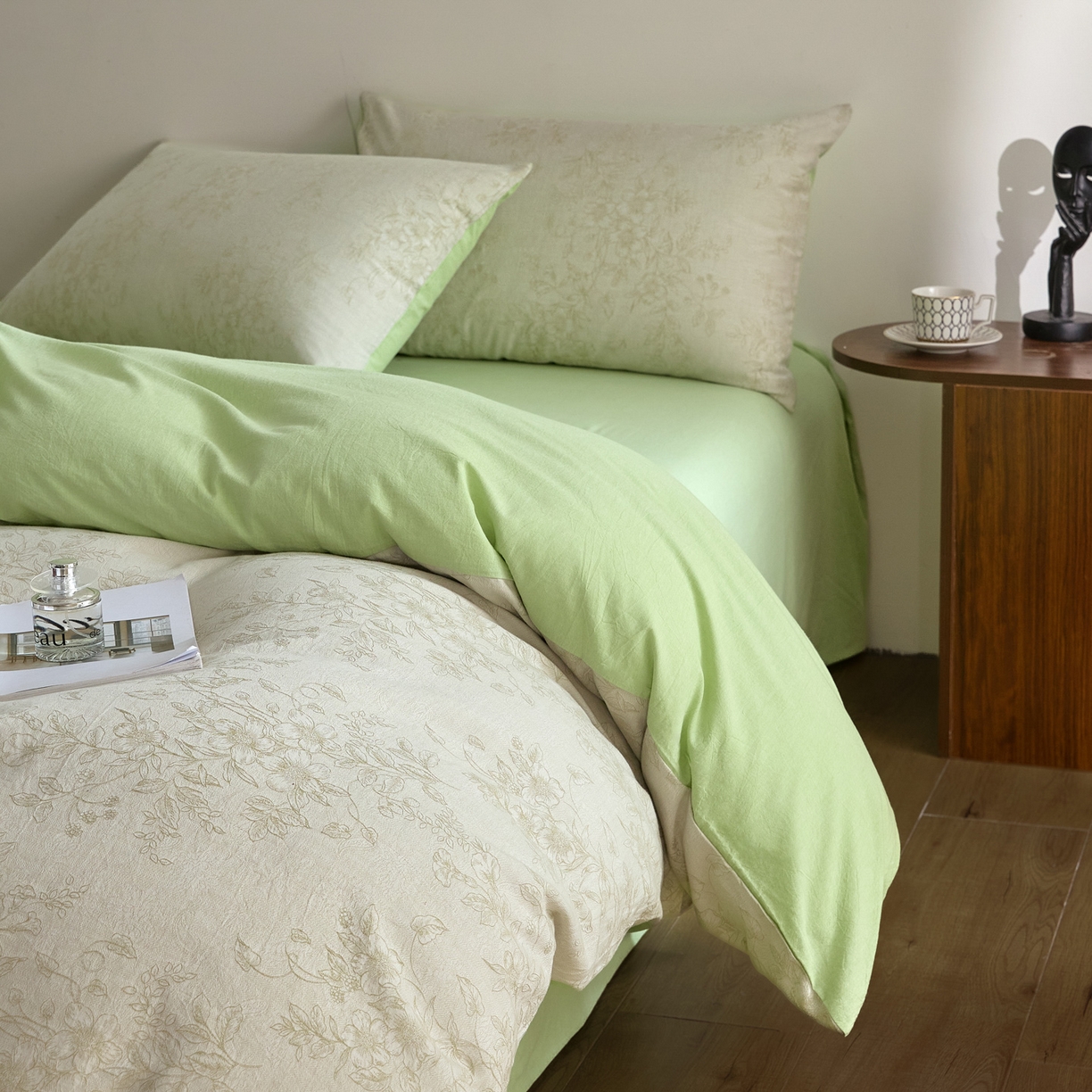 91家纺网 家纺一手货源 找家纺 如一 2026新款A类色织提花全棉双层纱水洗棉四件套 花忆绿