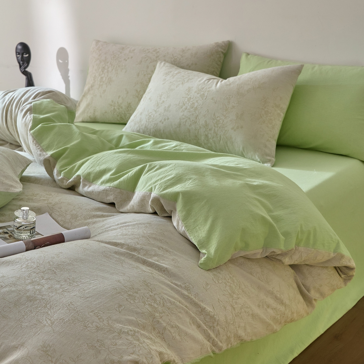 91家纺网 家纺一手货源 找家纺 如一 2026新款A类色织提花全棉双层纱水洗棉四件套 花忆绿