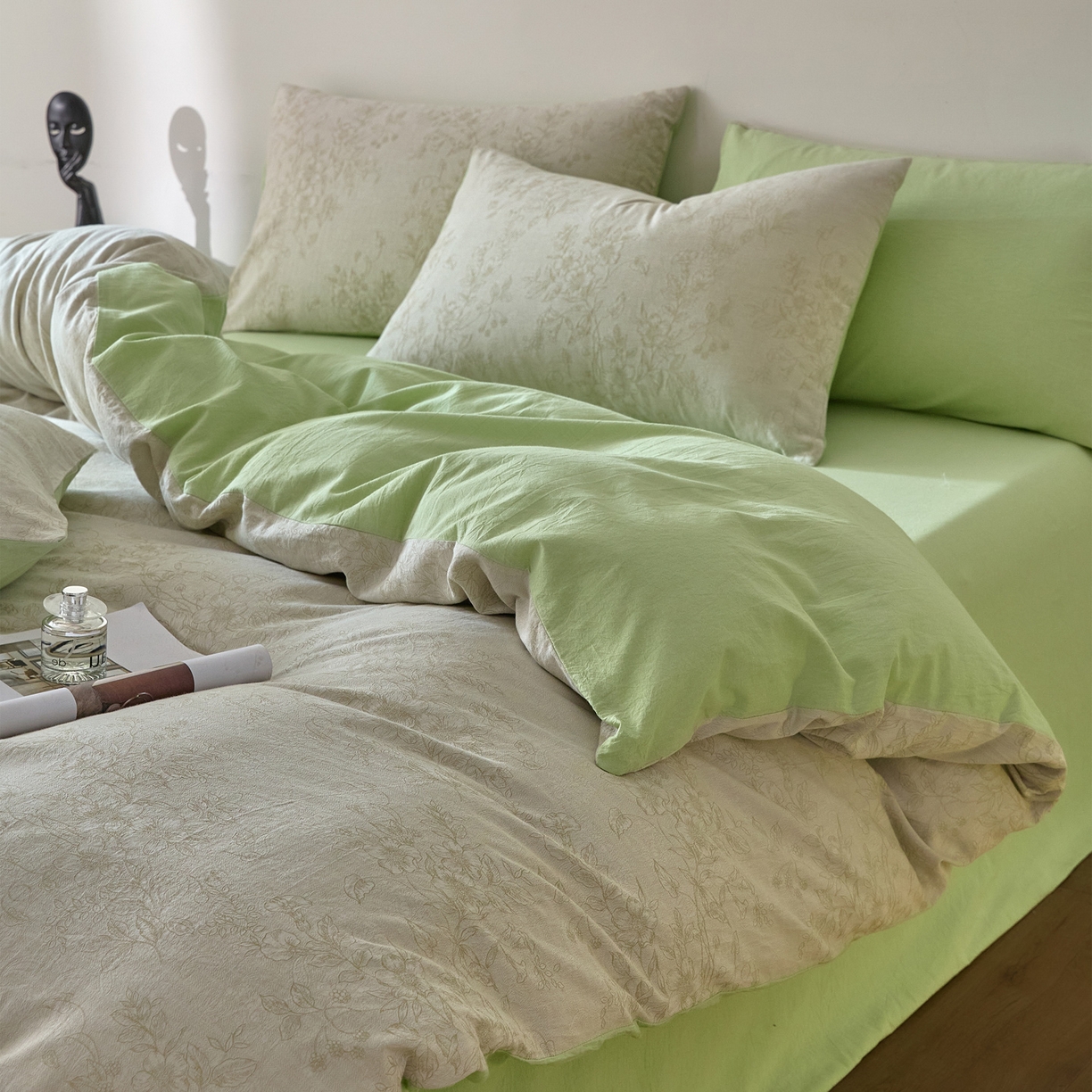 如一 2026新款A类色织提花全棉双层纱水洗棉四件套 花忆绿