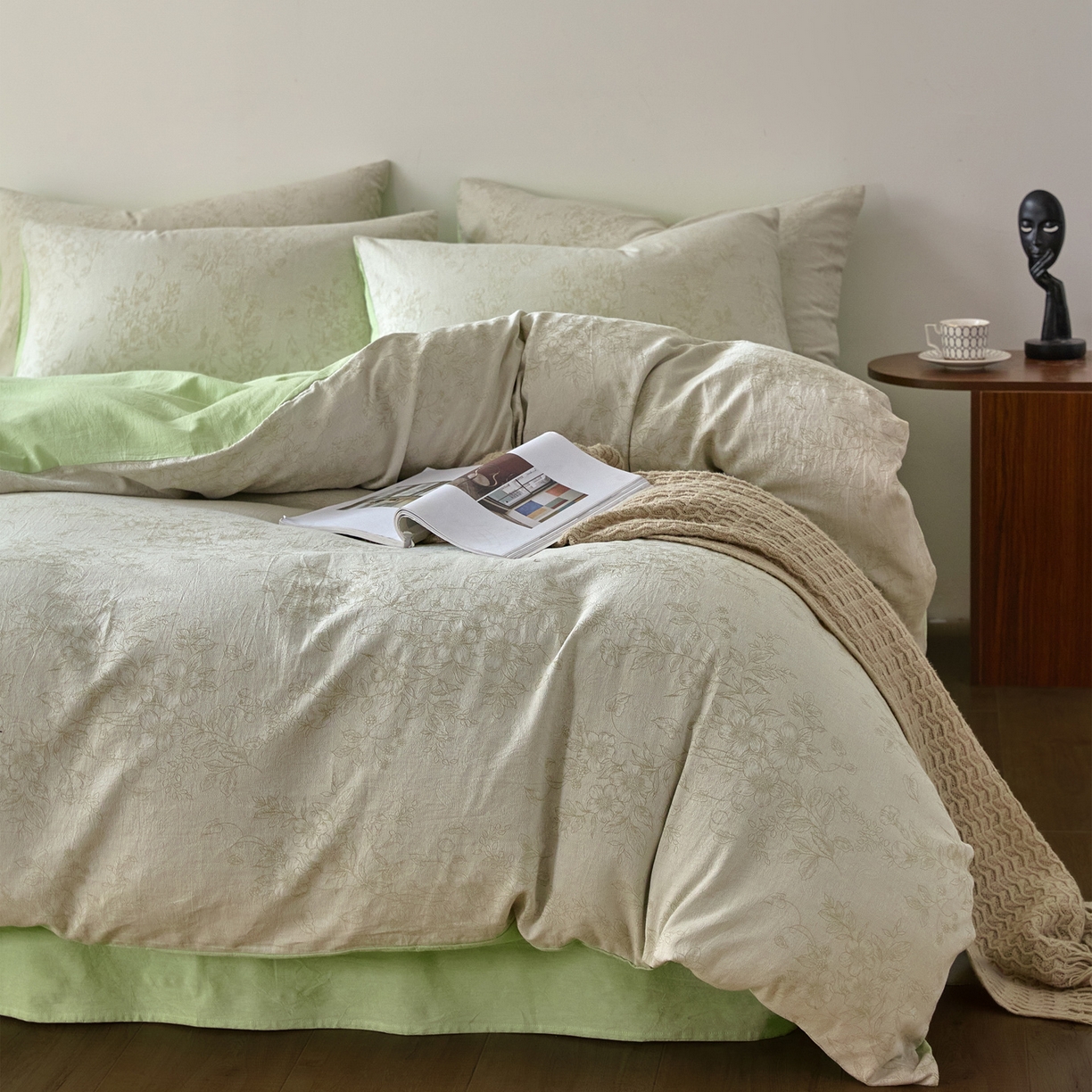 91家纺网 家纺一手货源 找家纺 如一 2026新款A类色织提花全棉双层纱水洗棉四件套 花忆绿