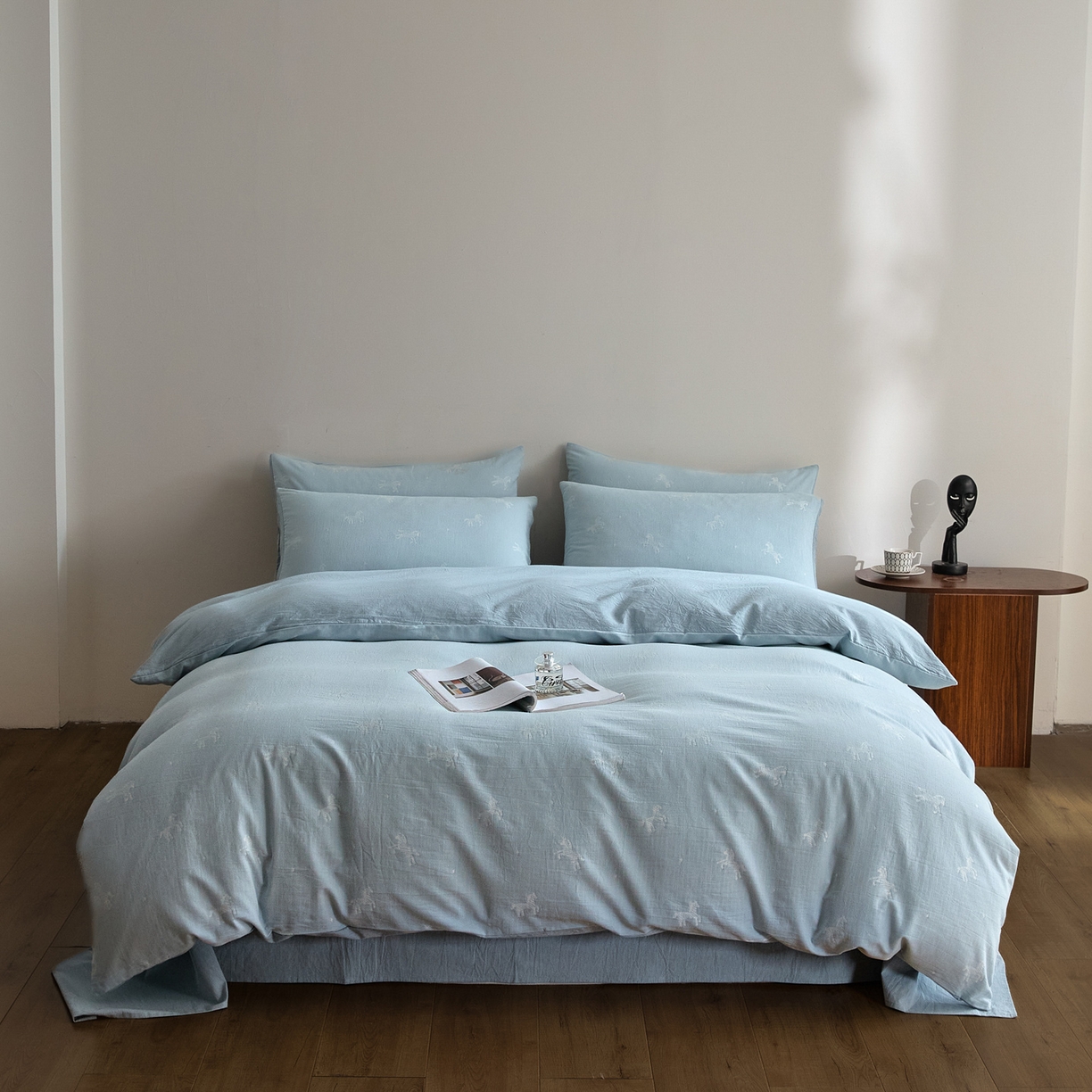 91家纺网 家纺一手货源 找家纺 如一 2026新款A类色织提花全棉双层纱水洗棉四件套 骏影蓝