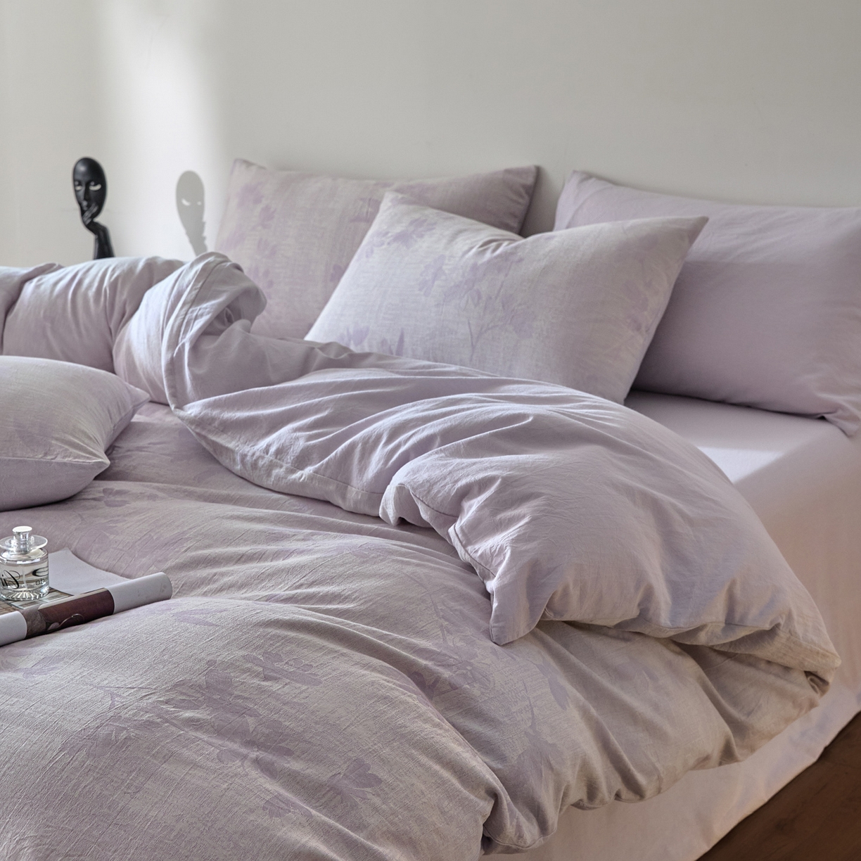 91家纺网 家纺一手货源 找家纺 如一 2026新款A类色织提花全棉双层纱水洗棉四件套 兰序紫