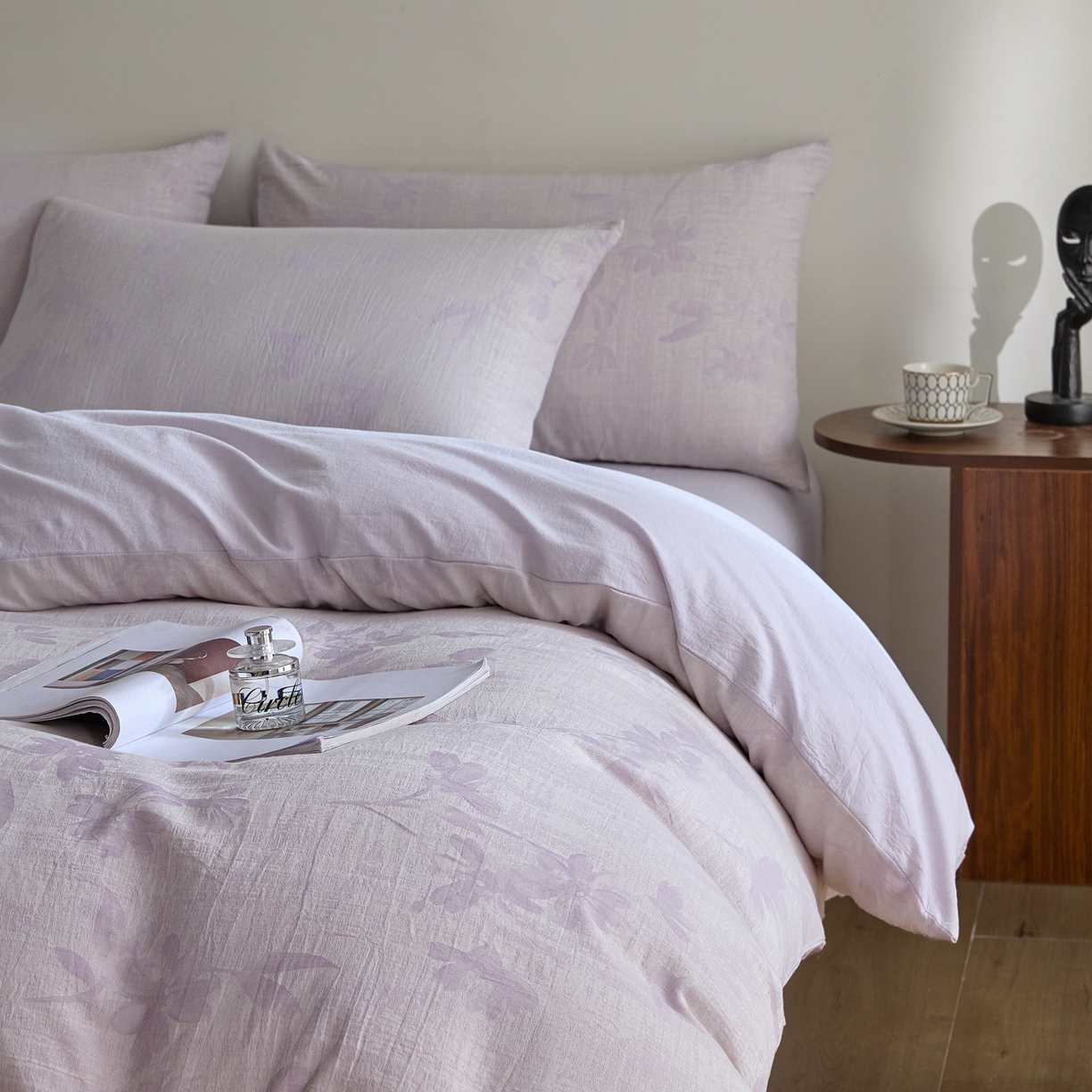 91家纺网 家纺一手货源 找家纺 如一 2026新款A类色织提花全棉双层纱水洗棉四件套 兰序紫