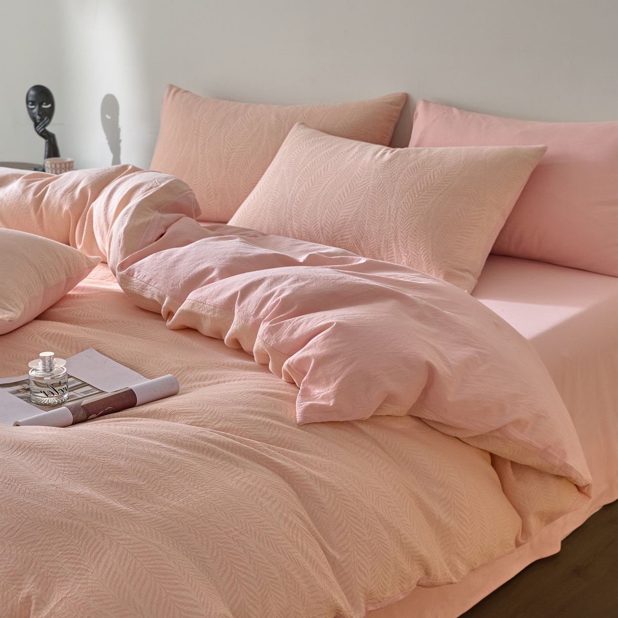 如一 2026新款A类色织提花全棉双层纱水洗棉四件套 叶笙粉