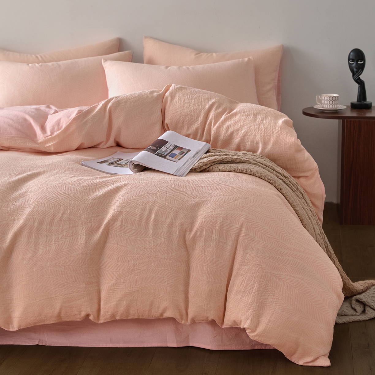 91家纺网 家纺一手货源 找家纺 如一 2026新款A类色织提花全棉双层纱水洗棉四件套 叶笙粉