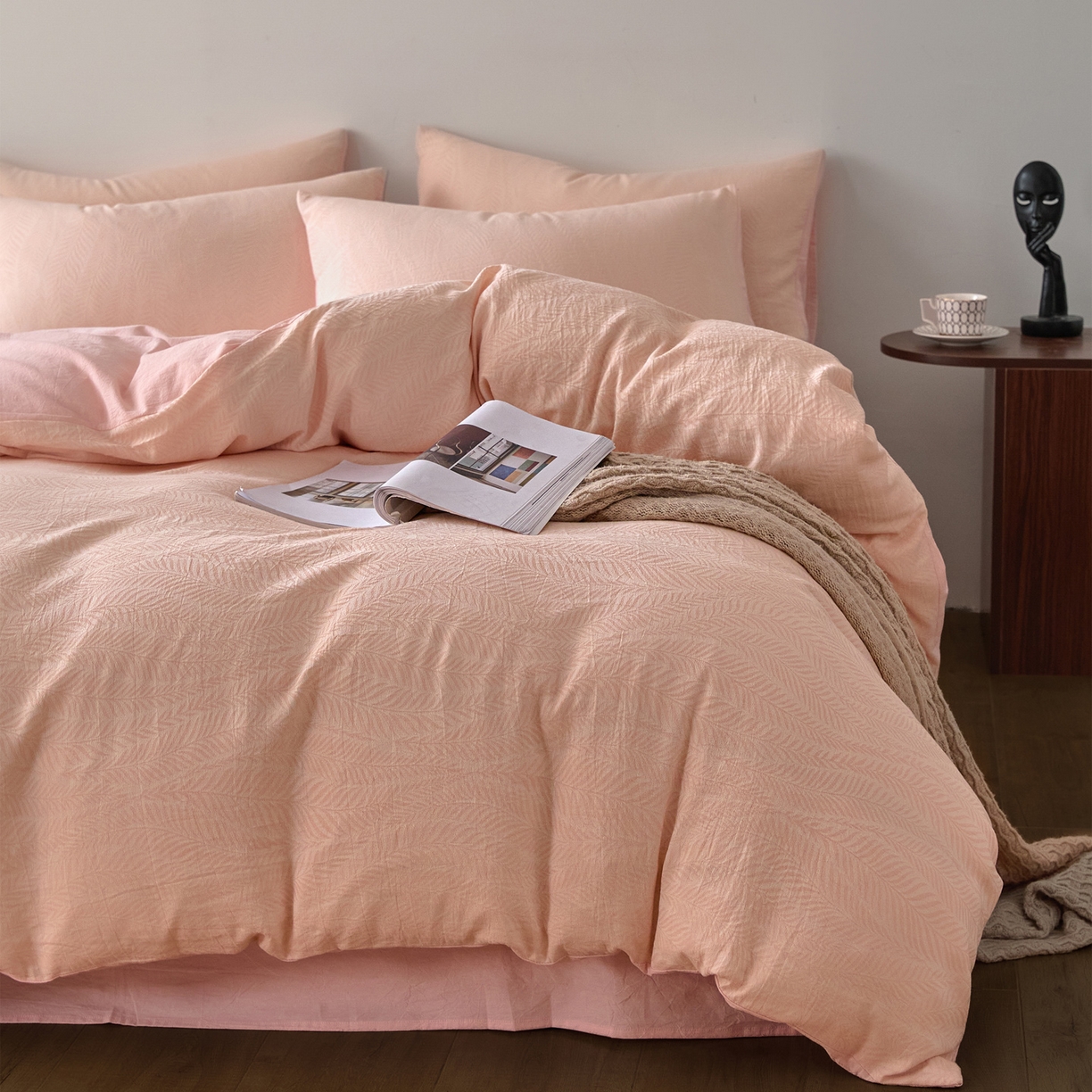 91家纺网 家纺一手货源 找家纺 如一 2026新款A类色织提花全棉双层纱水洗棉四件套 叶笙粉