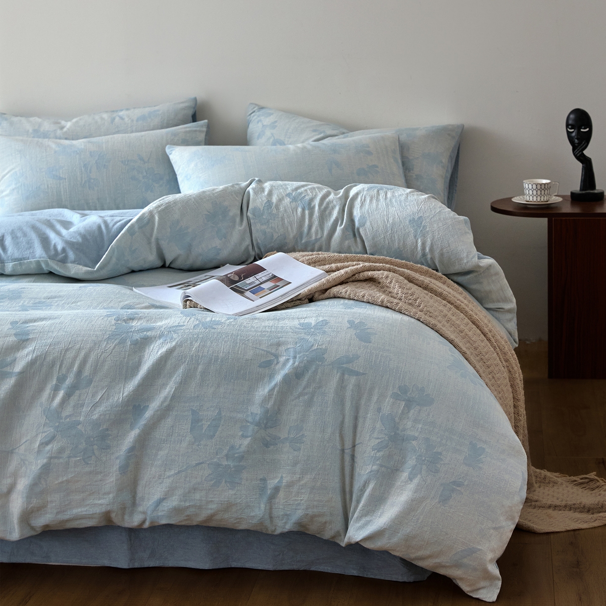 91家纺网 家纺一手货源 找家纺 如一 2026新款A类色织提花全棉双层纱水洗棉四件套 兰序蓝