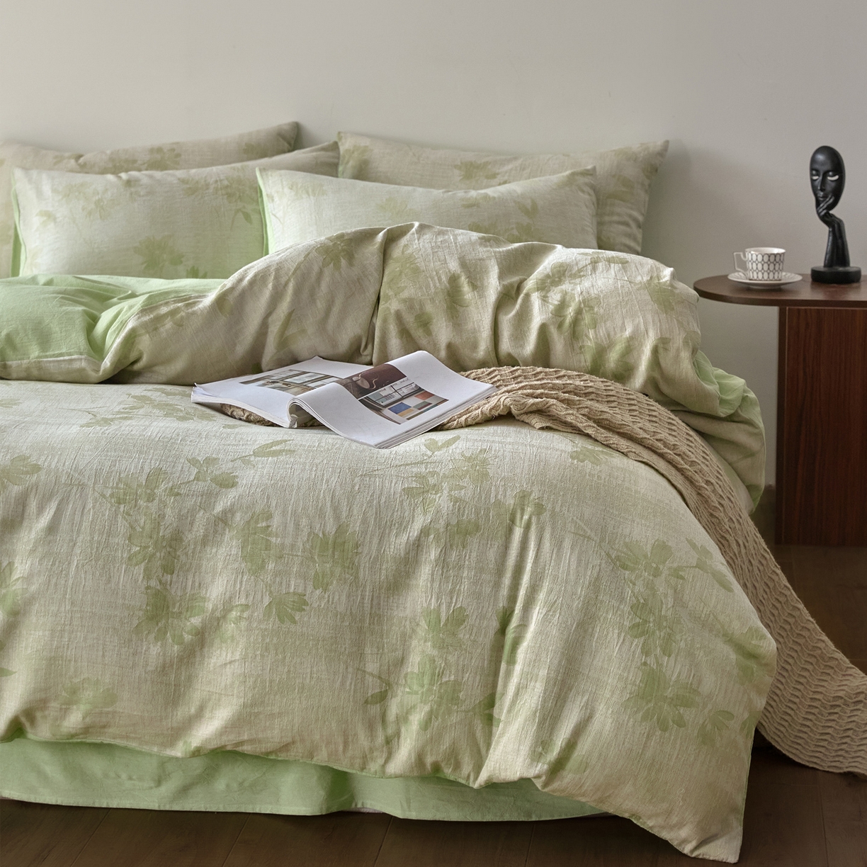 91家纺网 家纺一手货源 找家纺 如一 2026新款A类色织提花全棉双层纱水洗棉四件套 兰序绿