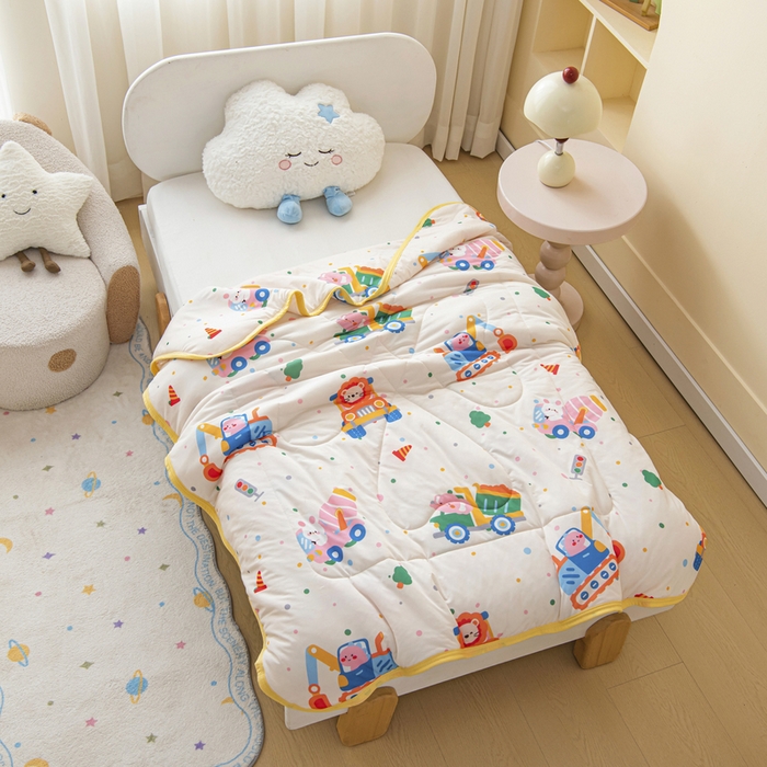 91家纺网 家纺一手货源 找家纺 鱼宝 2026新款儿童夏被凉席三件套 萌趣小车