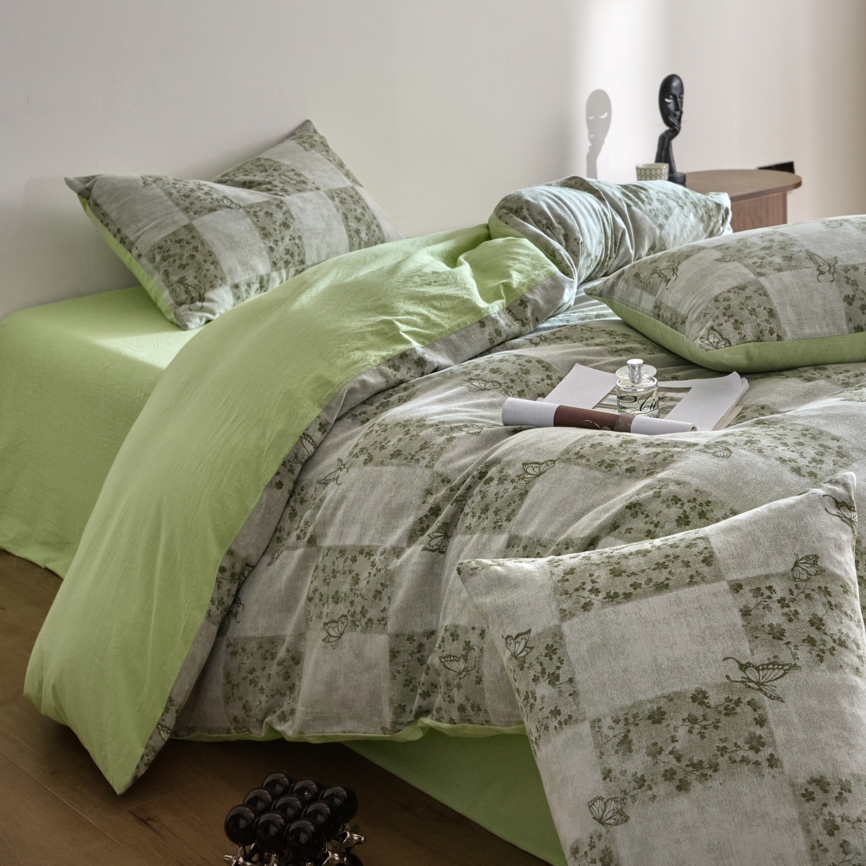 91家纺网 家纺一手货源 找家纺 如一 2026新款A类色织提花全棉双层纱水洗棉四件套 蝶漫绿